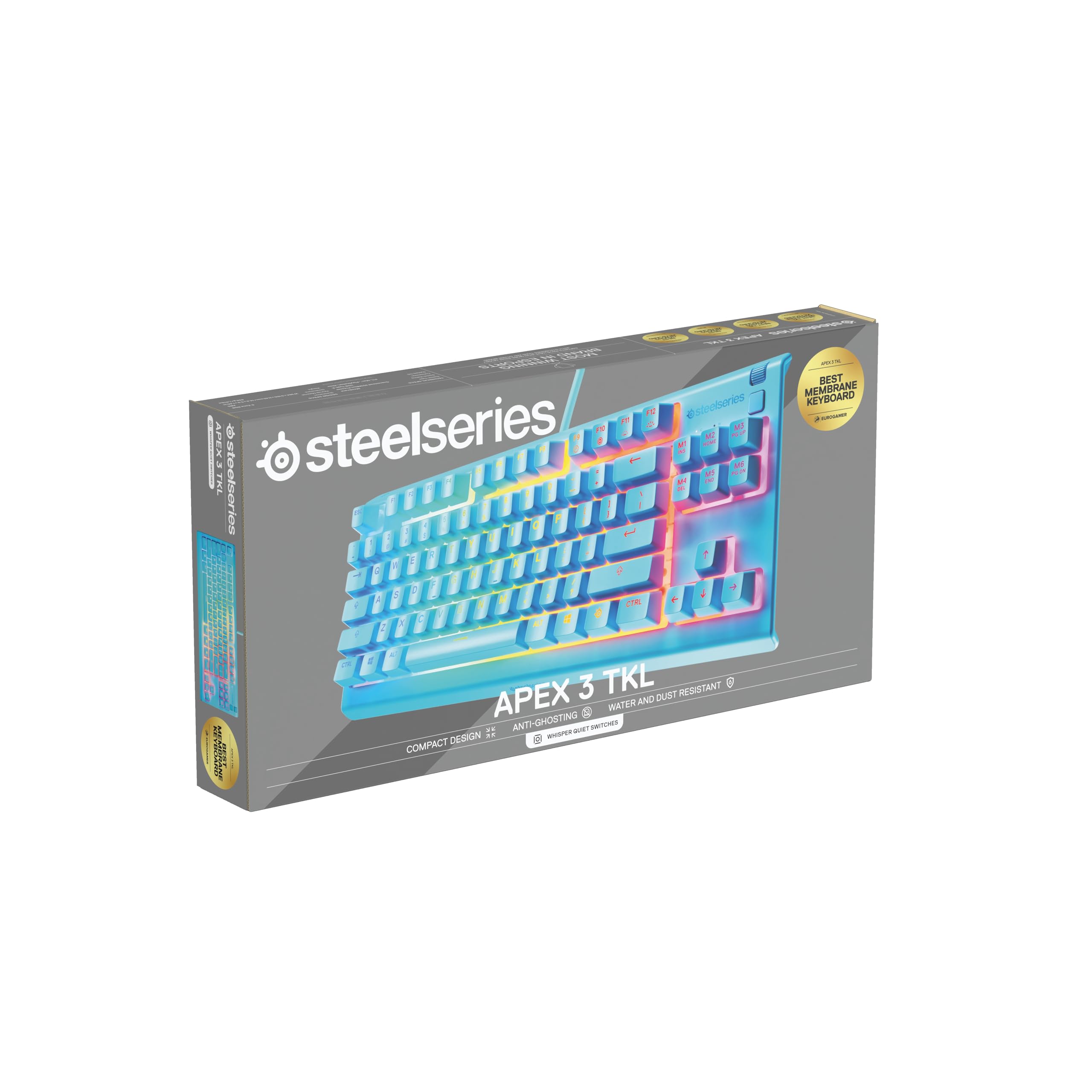 SteelSeries Apex 3 TKL Aqua RGB - klawiatura dla graczy – Obudowa bez części numerycznej – 8-strefowe podświetlenie RGB – Odporna na wodę i kurz – Niezwykle cichy przełącznik mechaniczny - US QWERTY