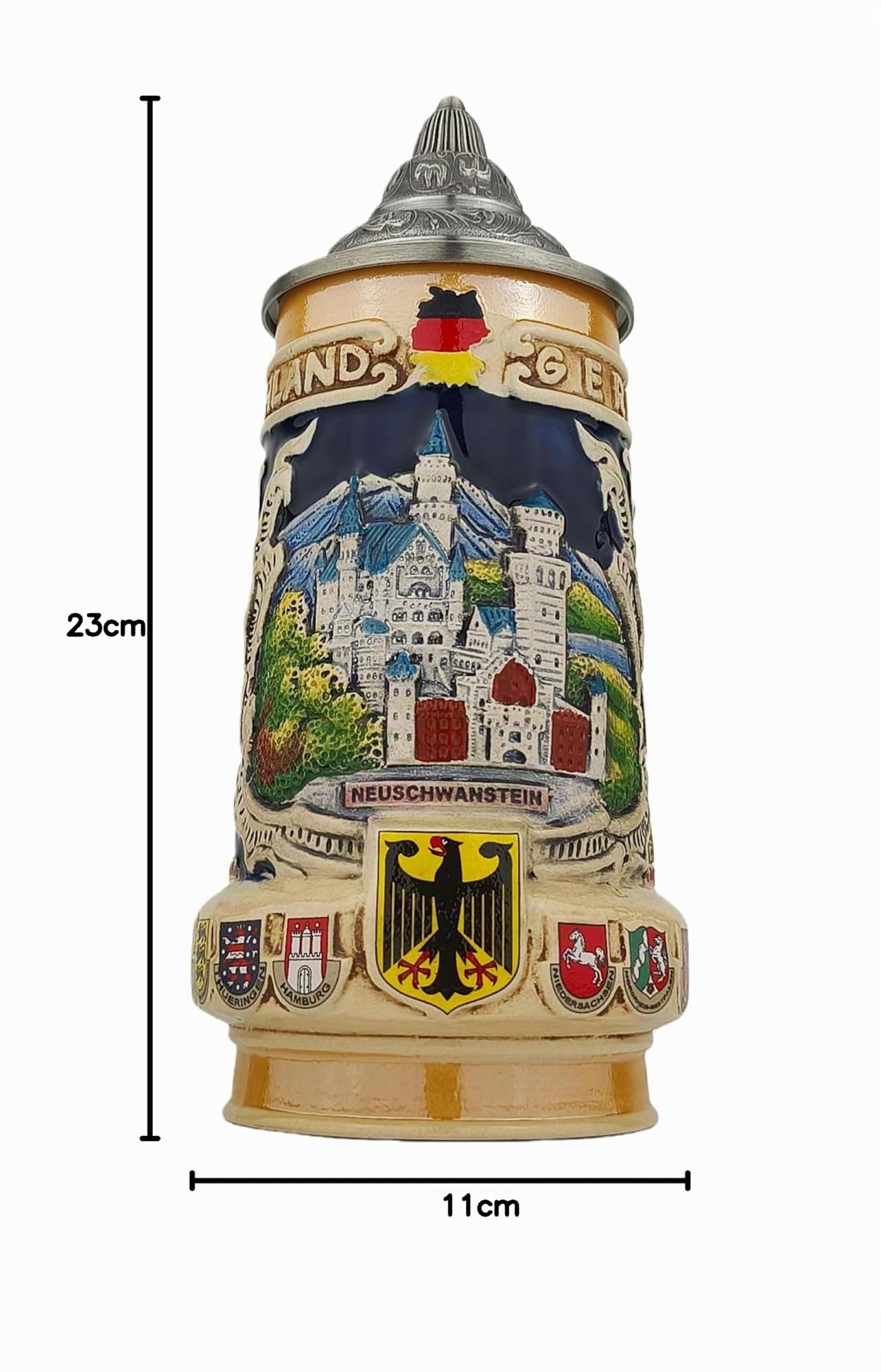 Bierkrug mit Deckel 0,7L – Traditioneller Steinkrug mit Deutschland-Motiv – Neuschwanstein auf der Vorderseite – Bierseidel für Zuhause, Sammlung & Fest – Geschenkidee für Männer