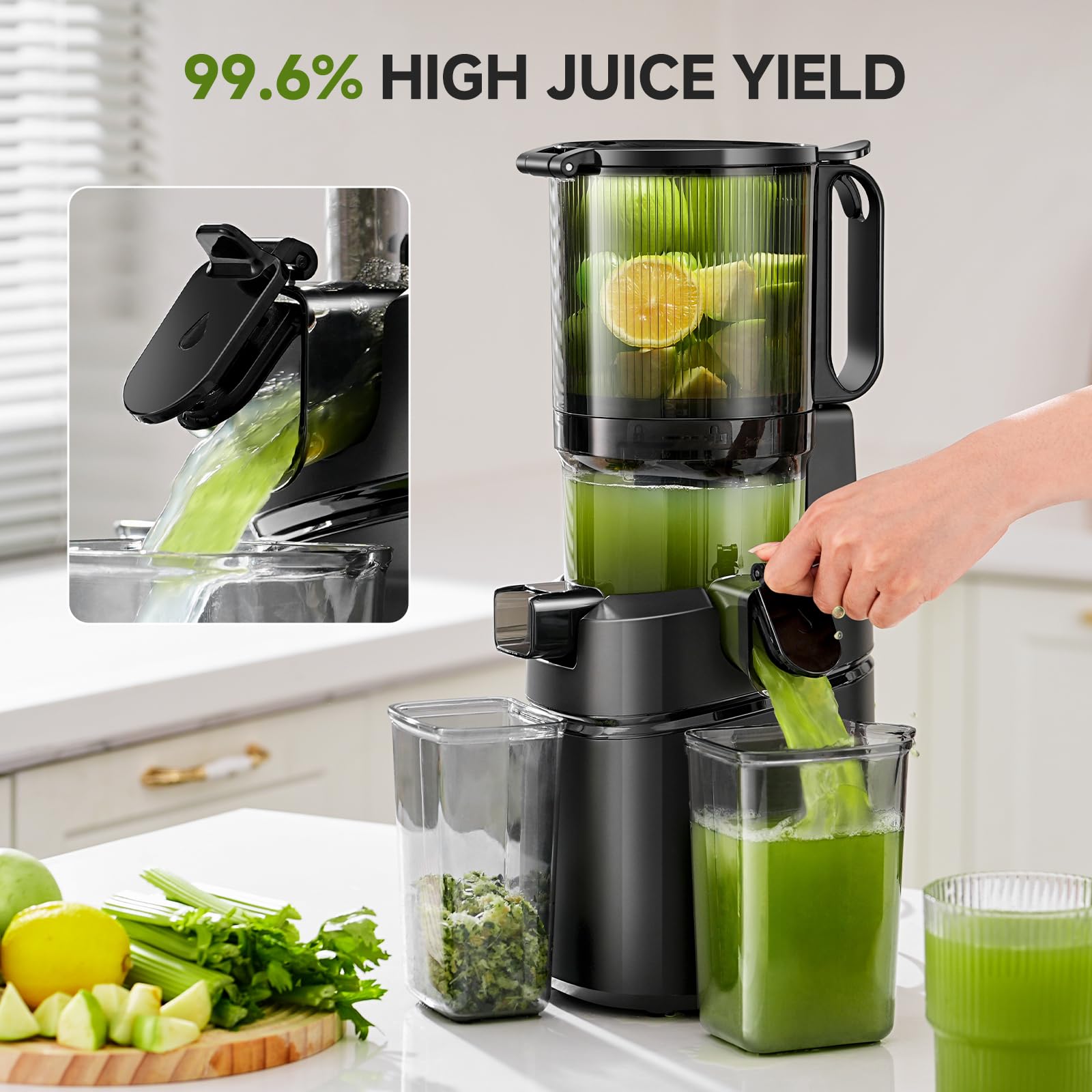 AMZCHEF Extracteur de jus automatique 250W 145mm 1,8L Noir Profond