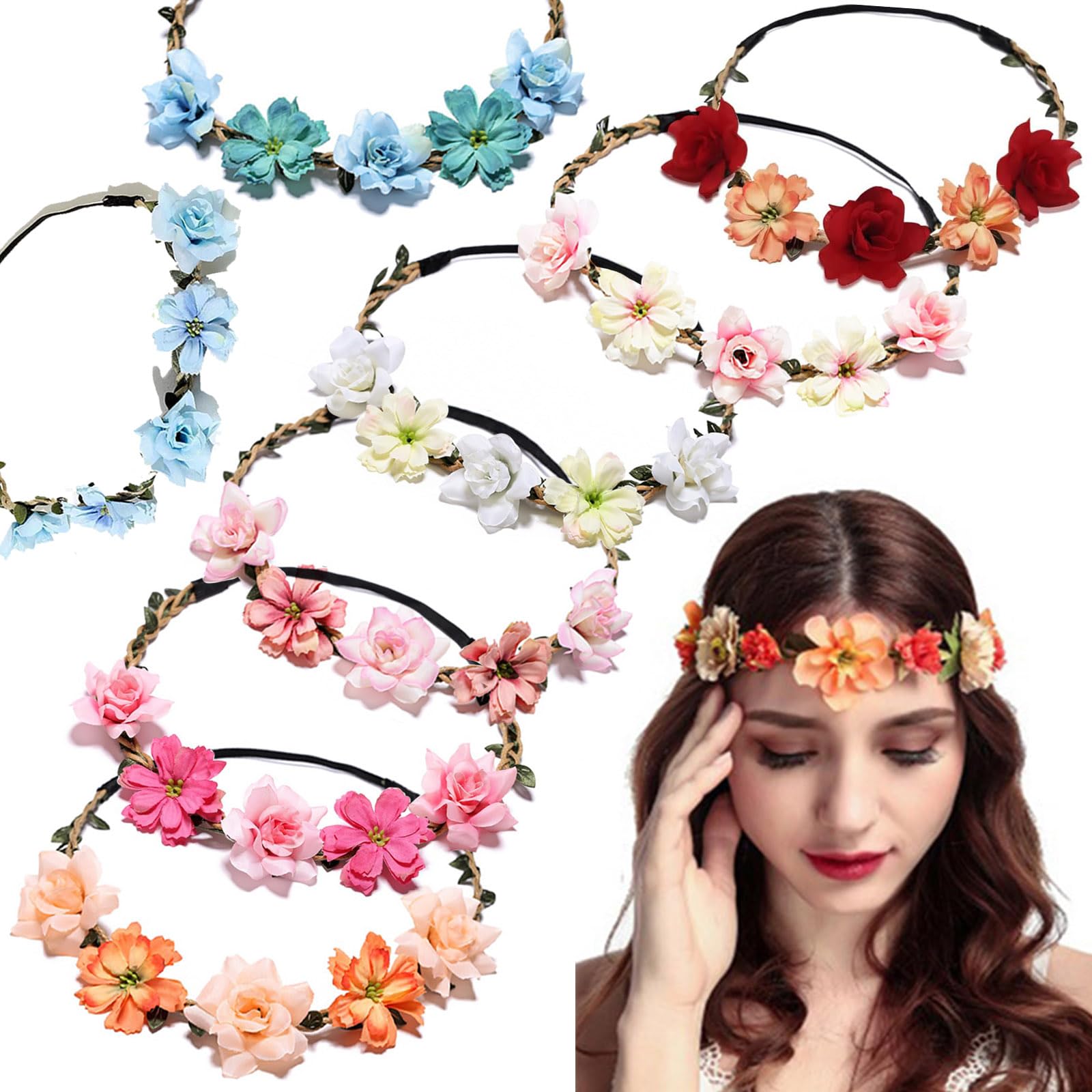 8 Piezas Diademas de Guirnalda Floral, Corona Flores Niña, Corona de Flores, Diademas de Corona Sintética, para Fiestas, Bodas, Playa, Mujeres, Niñas