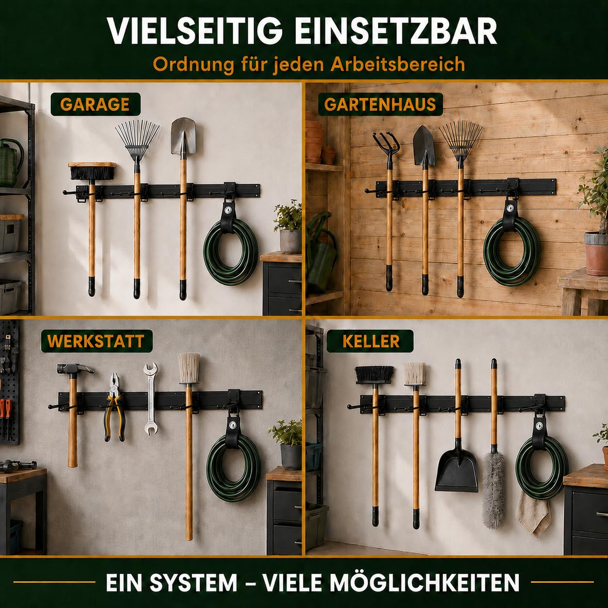 DGSL Soporte para herramientas de jardín de acero de alta resistencia, soporte de pared para garaje, ahorro de espacio, estante de almacenamiento para escobas, fregonas, palas, herramientas de jardín