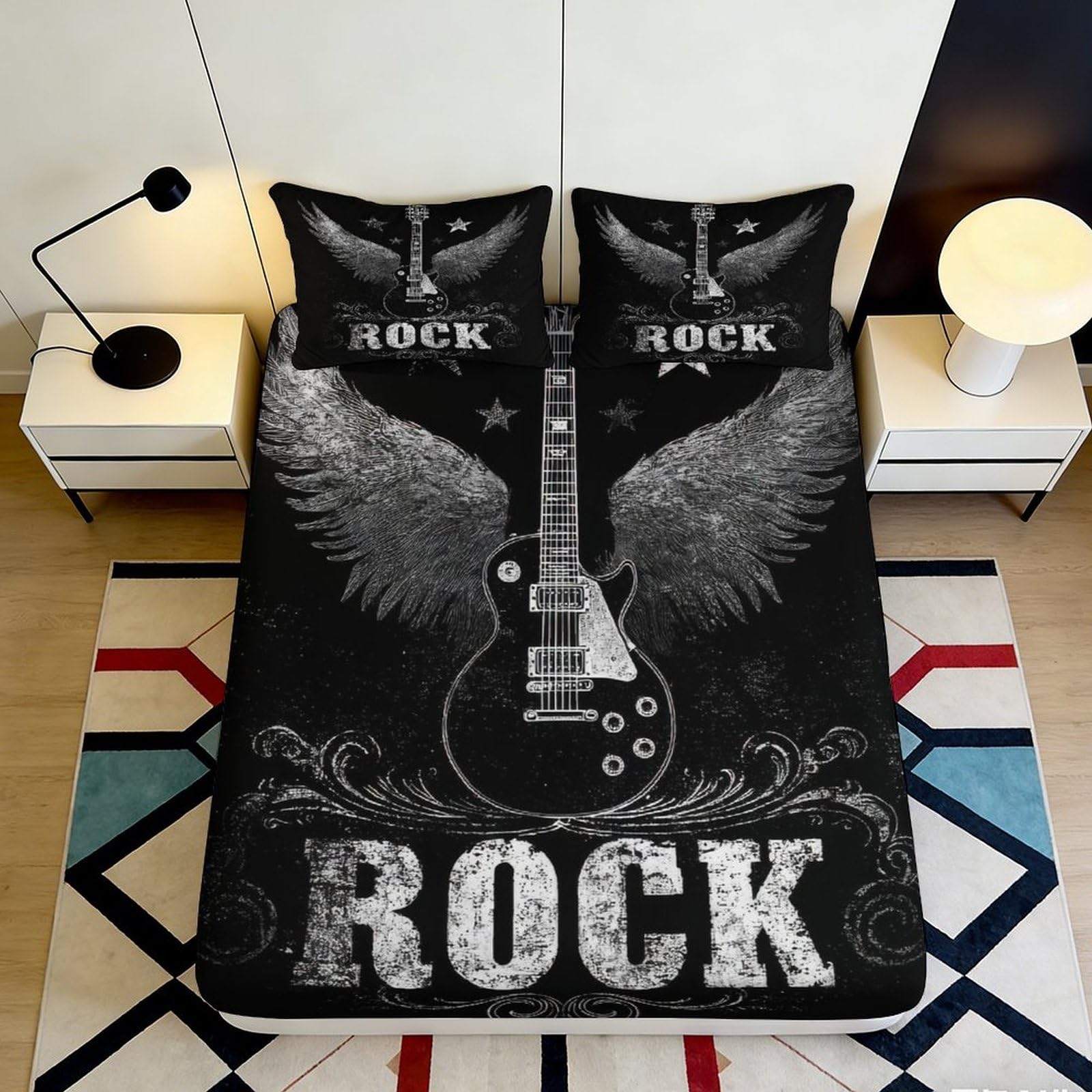 3D Printed Rock Guitar Fitted Sheet Microfiber Black Wing Skull Bed Cover for Bedroom Dorm Mattress Protector Decor 90x200x25cm