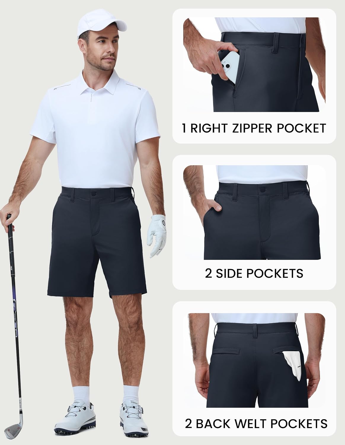 PULI Men's Golf Shorts 9 Inch Stretch Water-Resistant with 5 Pockets Hybrid Shorts for Hiking Travel Casual