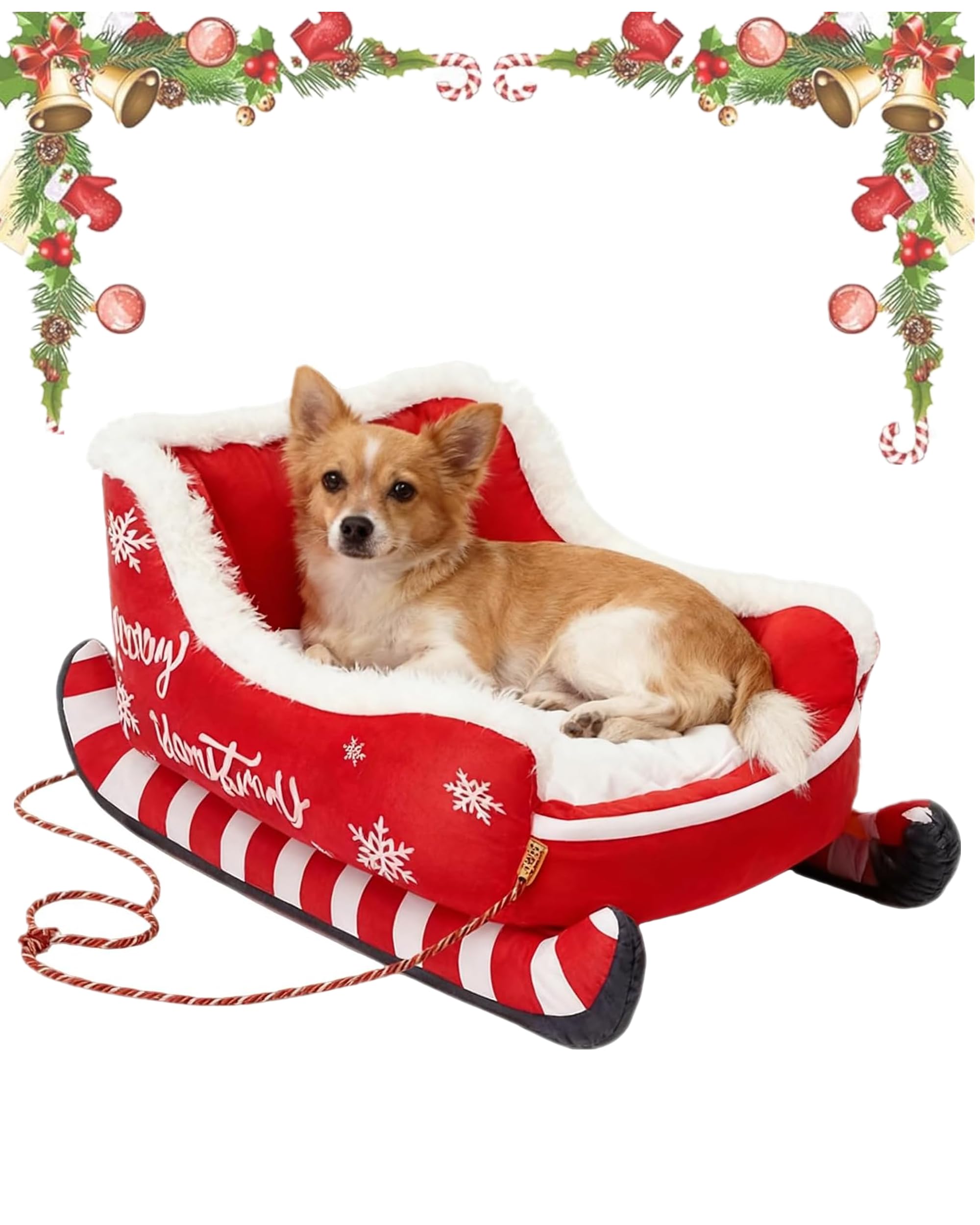 Christmas Sleigh Dog Bed, Festive Plush Cosy Dog Bed - Christmas Sleigh, Santa Sleigh Pet Sofa for Dogs & Cats Soft Plush Washable (Red, 31.9 x 26.0 x 13.4in)