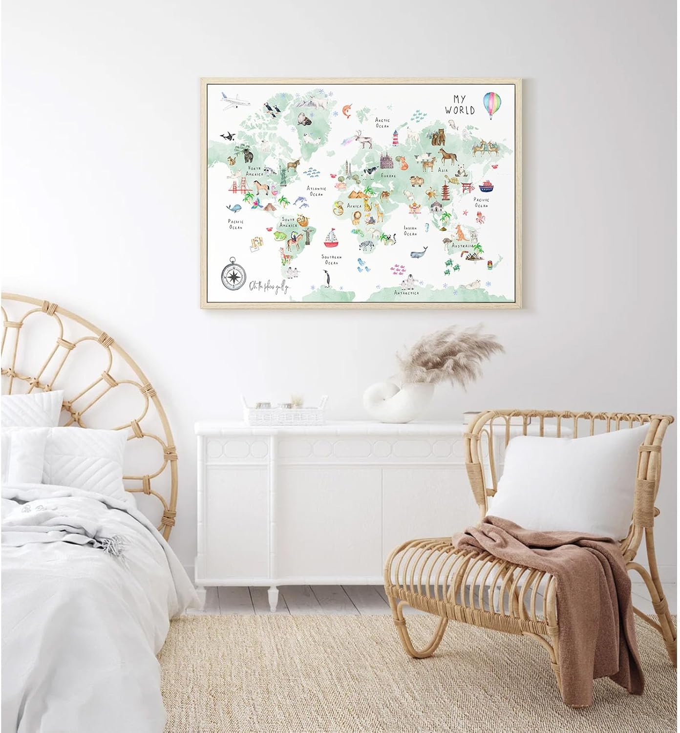 Green Kids World Map Wall Art Animal Map Canvas Art Nursery Wall Decor World Map Poster Childrens Room Decor Playroom Prints Educational Artwork 16x24 Inch framed