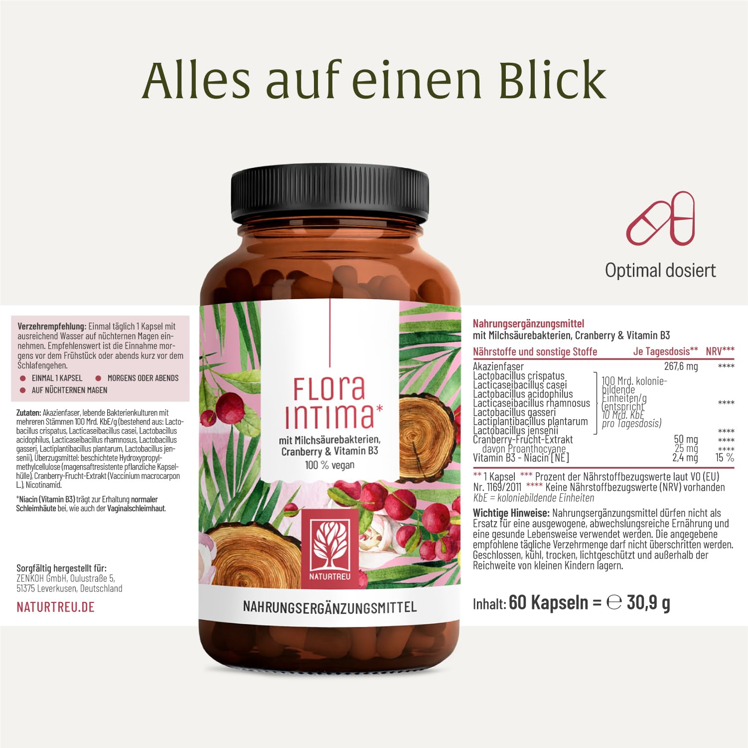 Kulturen Komplex für Frauen Intimflora * mit 100 Mrd. KbE/g - mit Milchsäurebakterien, Cranberry & B - 7 Lactobacillus Stämme Floraintima von NATURTREU®
