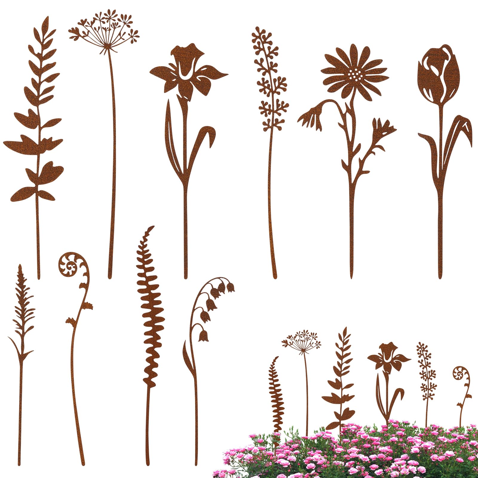 Sweetone Metal Flowers for Outside, Flower Bed Decor Plant Stakes, 10 Pcs