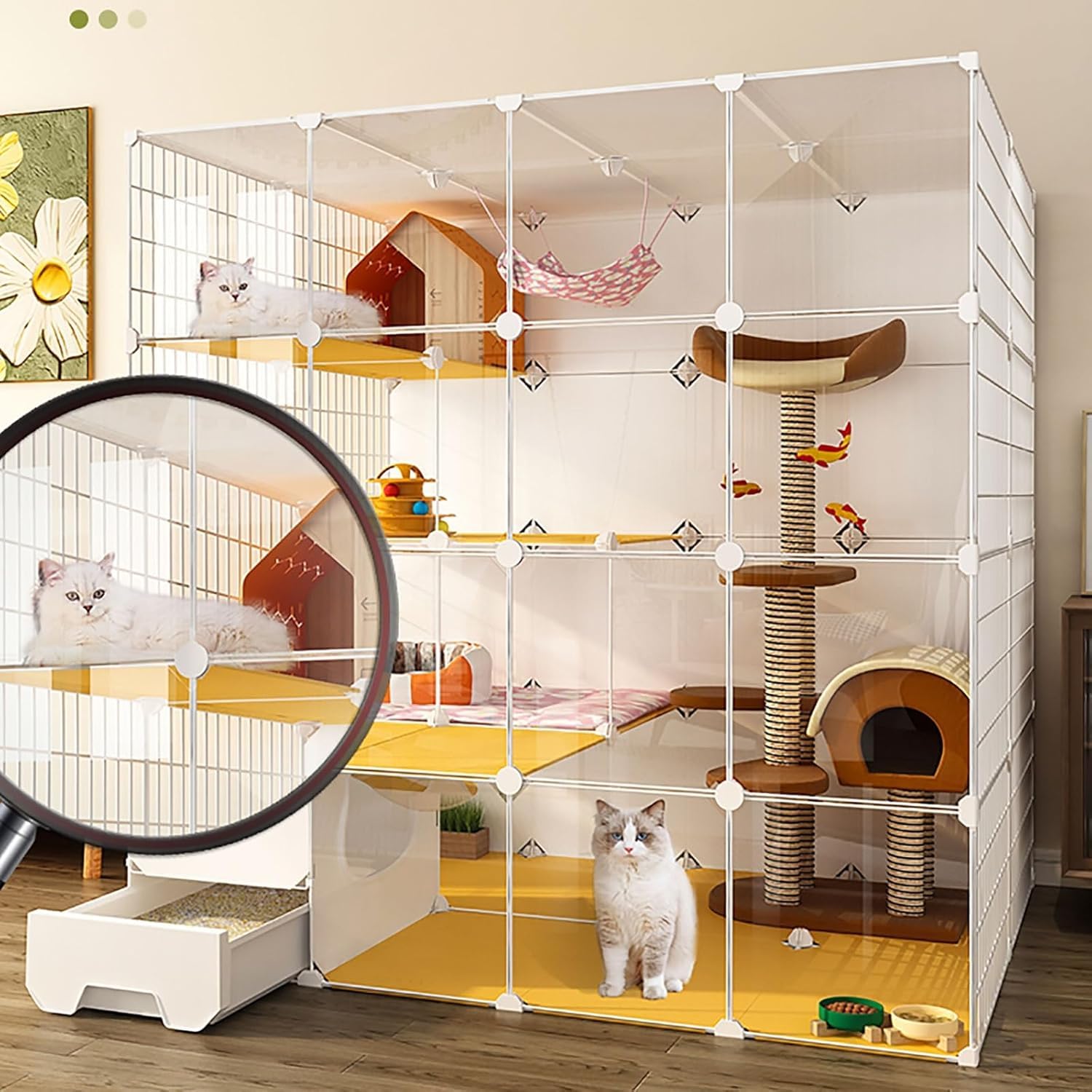 Gabbie per Gatti di Grandi Dimensioni al Coperto, Box per Gatti Fai-da-Te con Lettiera per Gatti, Recinto per Animali Domestici in Filo Metallico Staccabile Semichiuso, Ampio Spa, 147x75x147cm