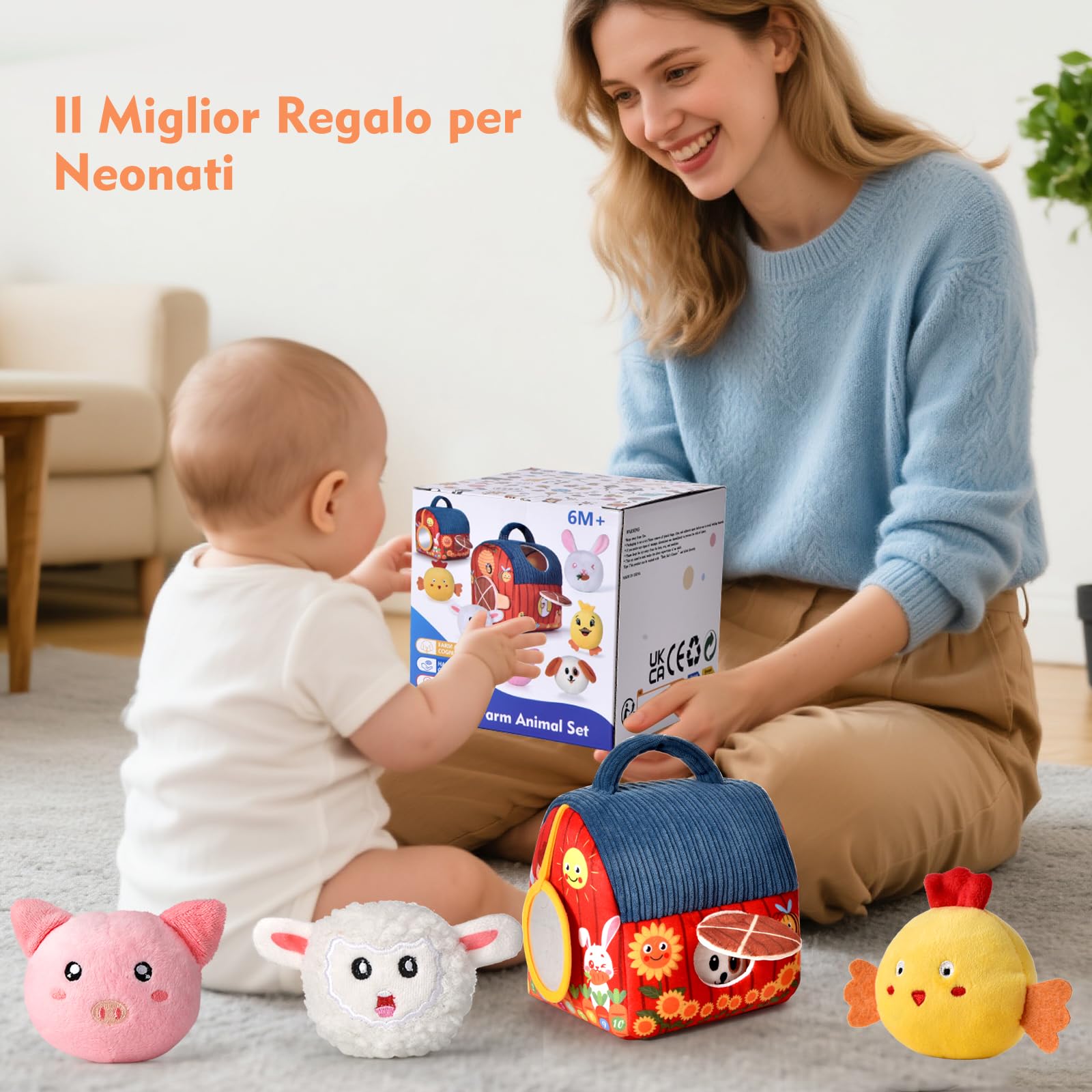 Loyzico Giochi Bambini 1 Anno 6 9 12 Mesi, Montessori Gioco Neonato Fattoria, Fienile e 6 Animali della Fattoria in Peluche, Sonaglio e Specchio-Regalo Bimbo Bimba 1 Anno Bambino