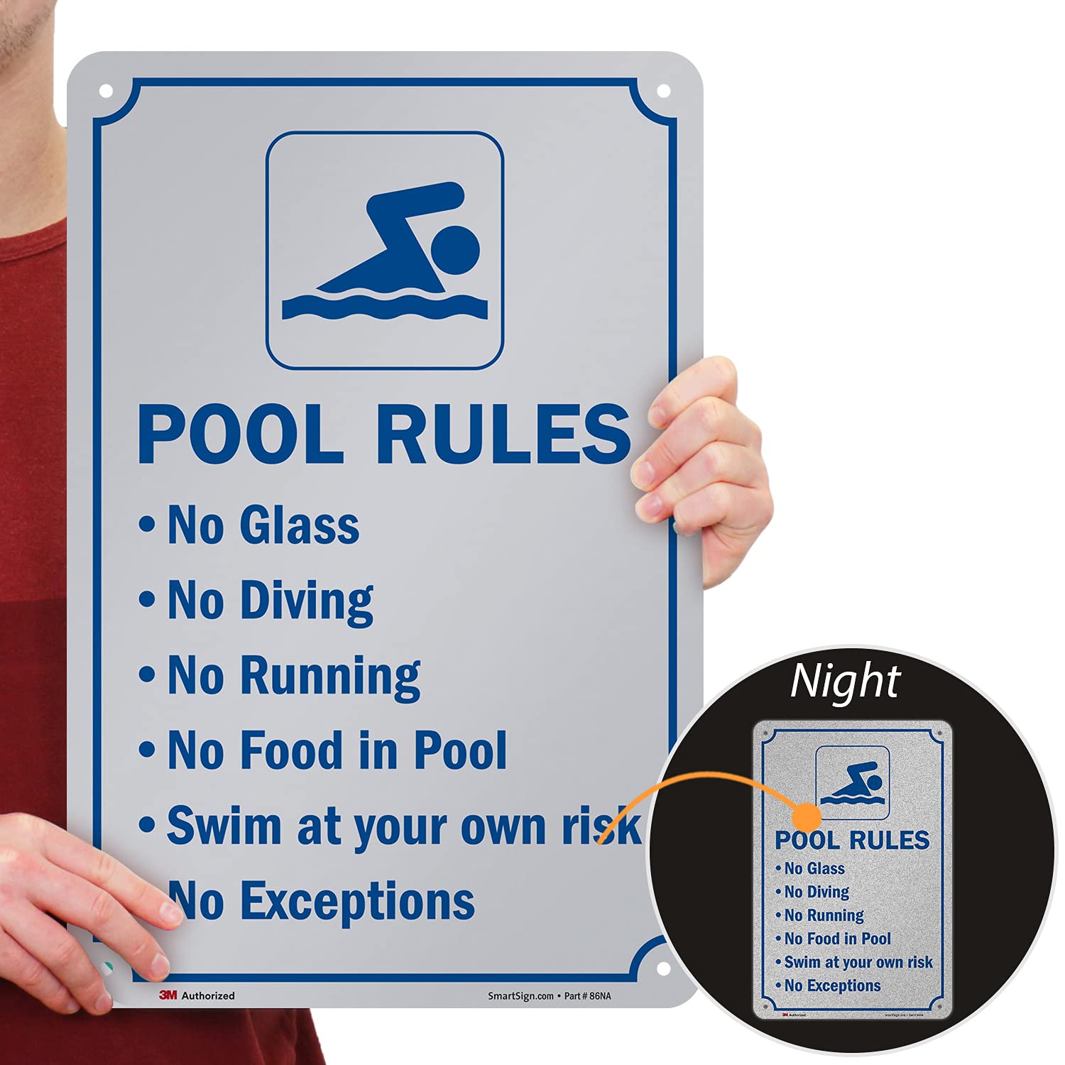 SmartSign 18 x 12 inch “Pool Rules - No Glass, No Diving, No Running, No Food…” Metal Sign, 63 mil Aluminum, 3M Laminated Engineer Grade Reflective Material, Blue and White