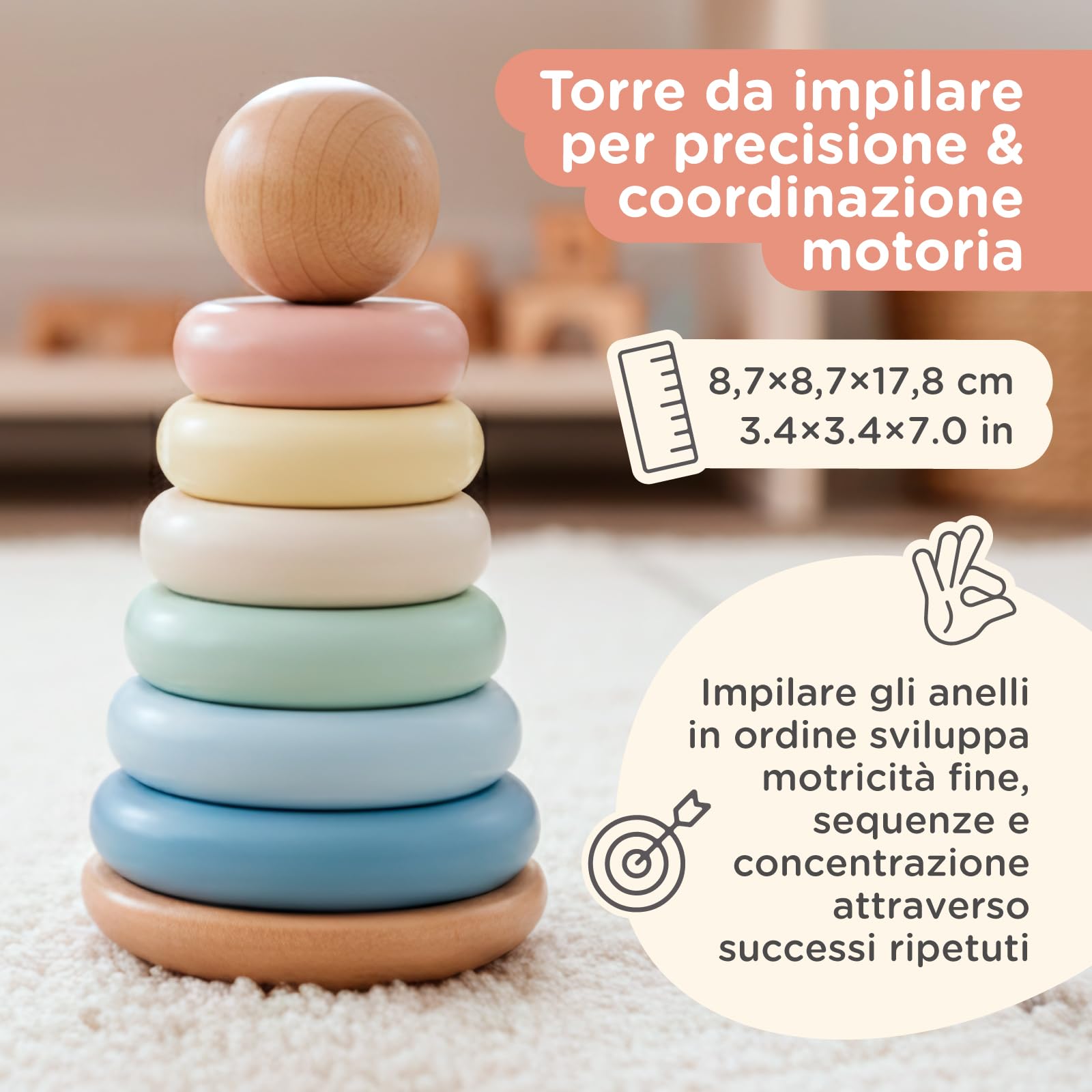 Nene Toys Giocattolo Montessori in Legno 3-in-1 per Bambini 1 Anno – Arcobaleno in Legno, Torre da Impilare & Gioco di Incastro – Gioco Educativo 1–3 Anni – Idea Regalo Bimba Bimbo – Colori Pastello
