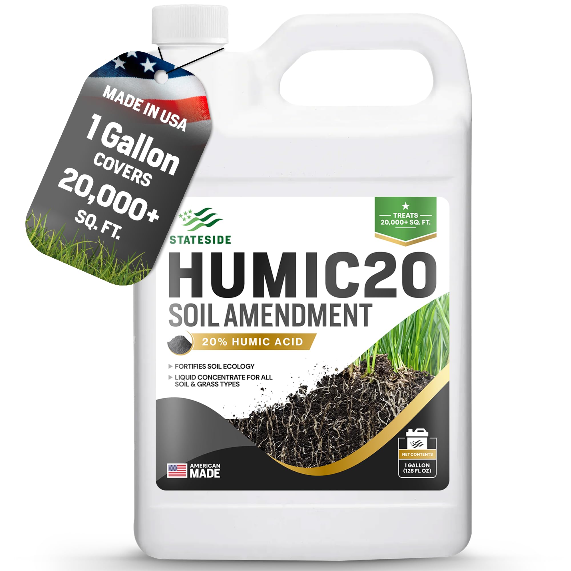 1 Gallon 20% Humic Acid for Lawn - Covers 20,000 sq ft, Humic20 Soil Amendments, Ideal Soil Conditioner for Lawns, Promotes Aeration & Better Structure for Stronger Roots & Healthy Grass Growth