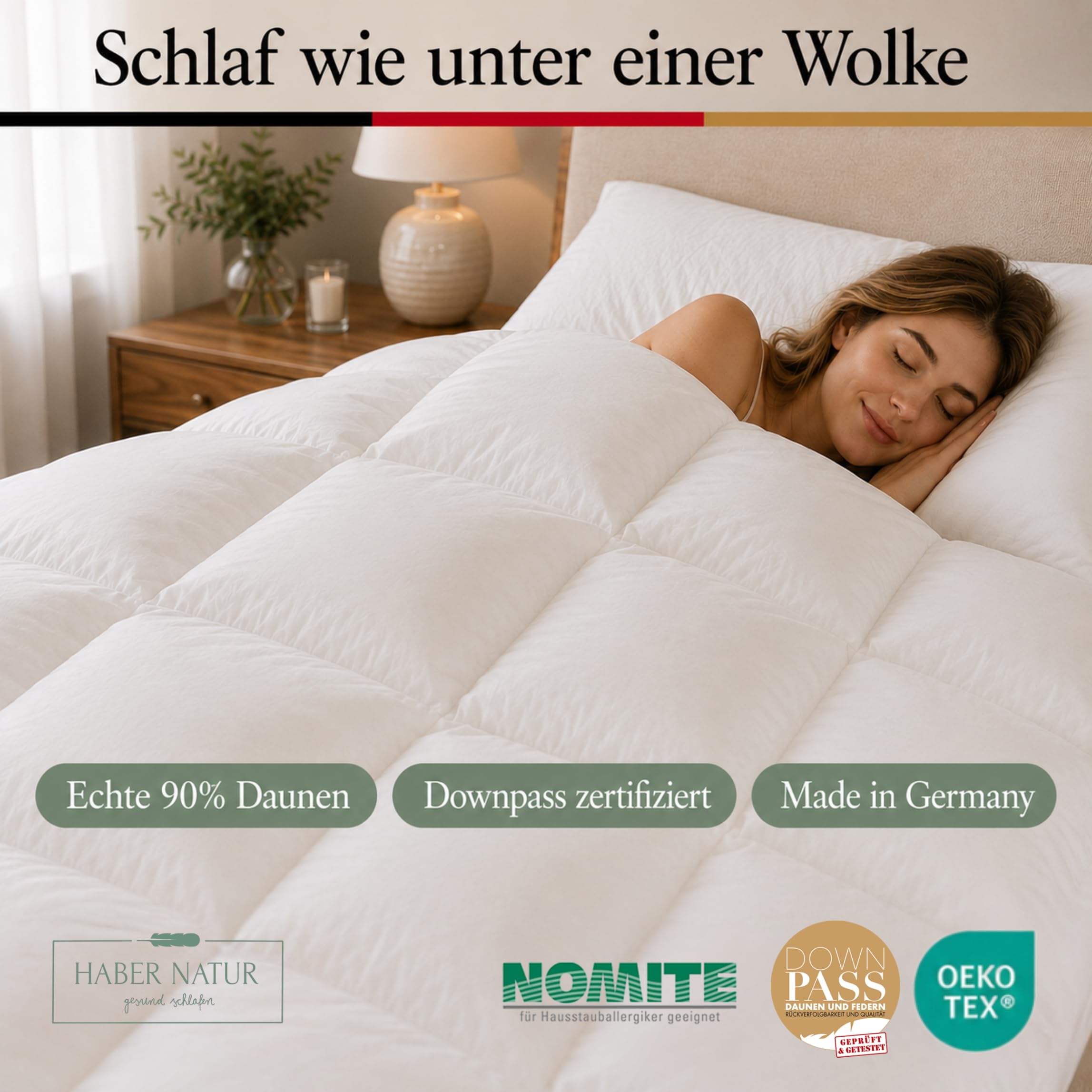 Haber Natur Daunendecke 135x200 -90% Daunen Ganzjahresdecke Made in Germany | 4-Jahreszeiten-Bettdecke mit 90% Daunen statt Federfüllung: leicht, warm, für Allergiker. 624g, Downpass, OEKO-TEX, Nomite