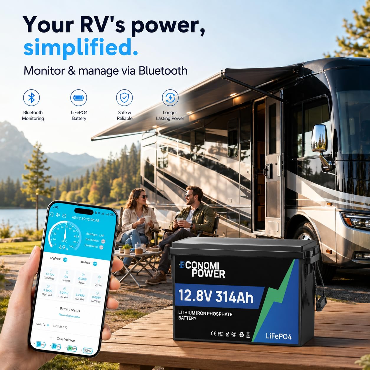 Batteria al litio LiFePO4 da 12 V 314 Ah (300 Ah), BMS intelligente da 200 A con monitoraggio app e oltre 15.000 cicli, alimentazione compatta e affidabile per camper, solare, off-grid e