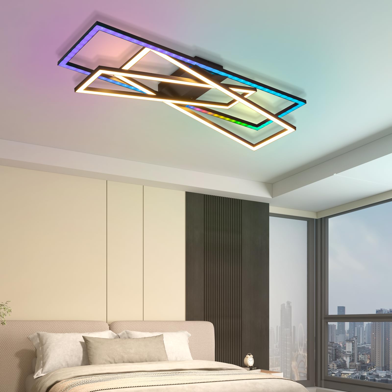 Homefire Deckenlampe Wohnzimmer LED Deckenleuchte RGB Schwarz 36W Dimmbar | Wohnzimmerlampe Farbwechsel Modern Schlafzimmerlampe mit Fernbedienung Metal Deckenleuchten Rechteckig für Jugendzimmer Büro