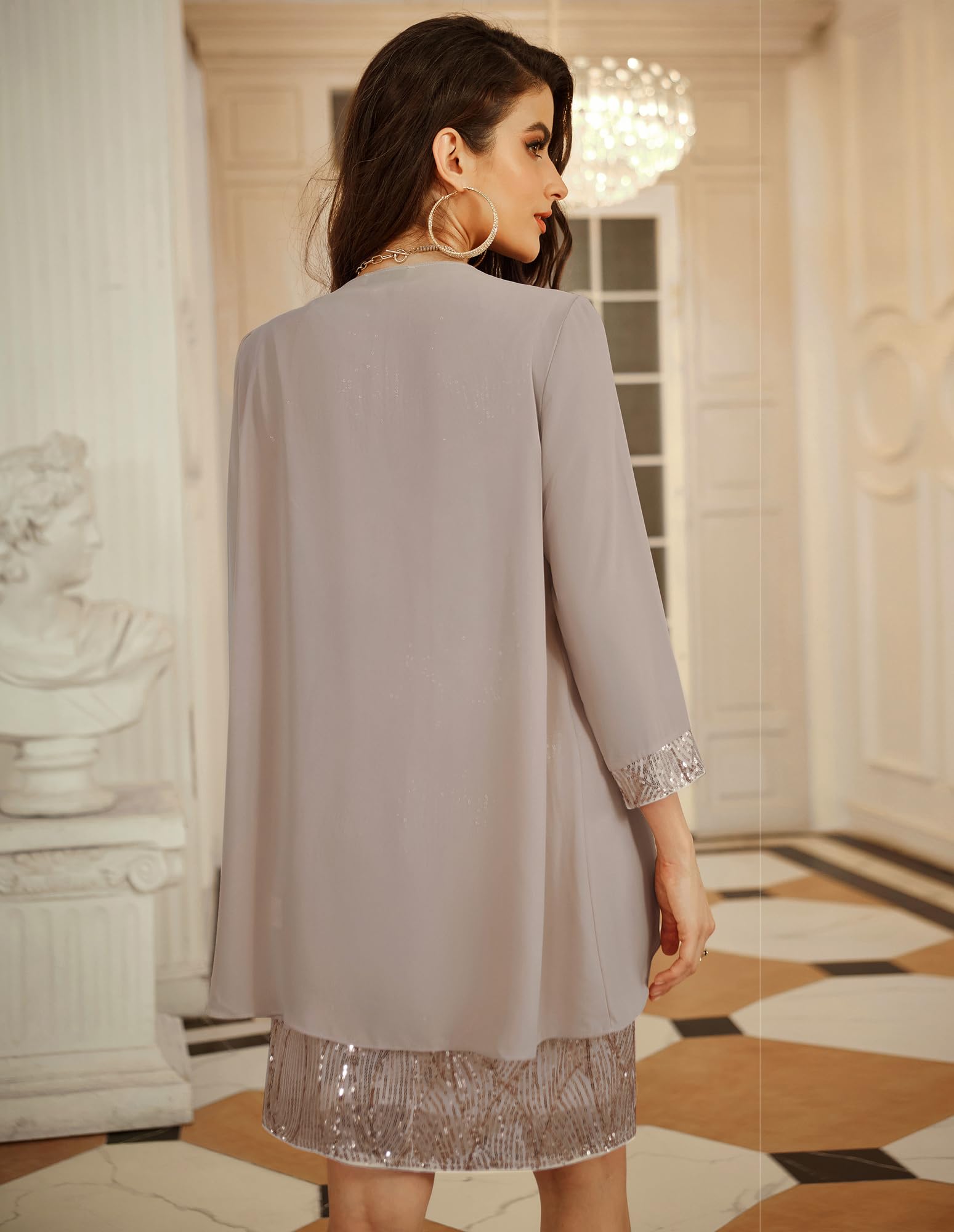 GRACE KARIN - Abito elegante da donna senza maniche con scollo rotondo, paillettes, completo in due pezzi con cardigan in tulle, abito da sera per feste