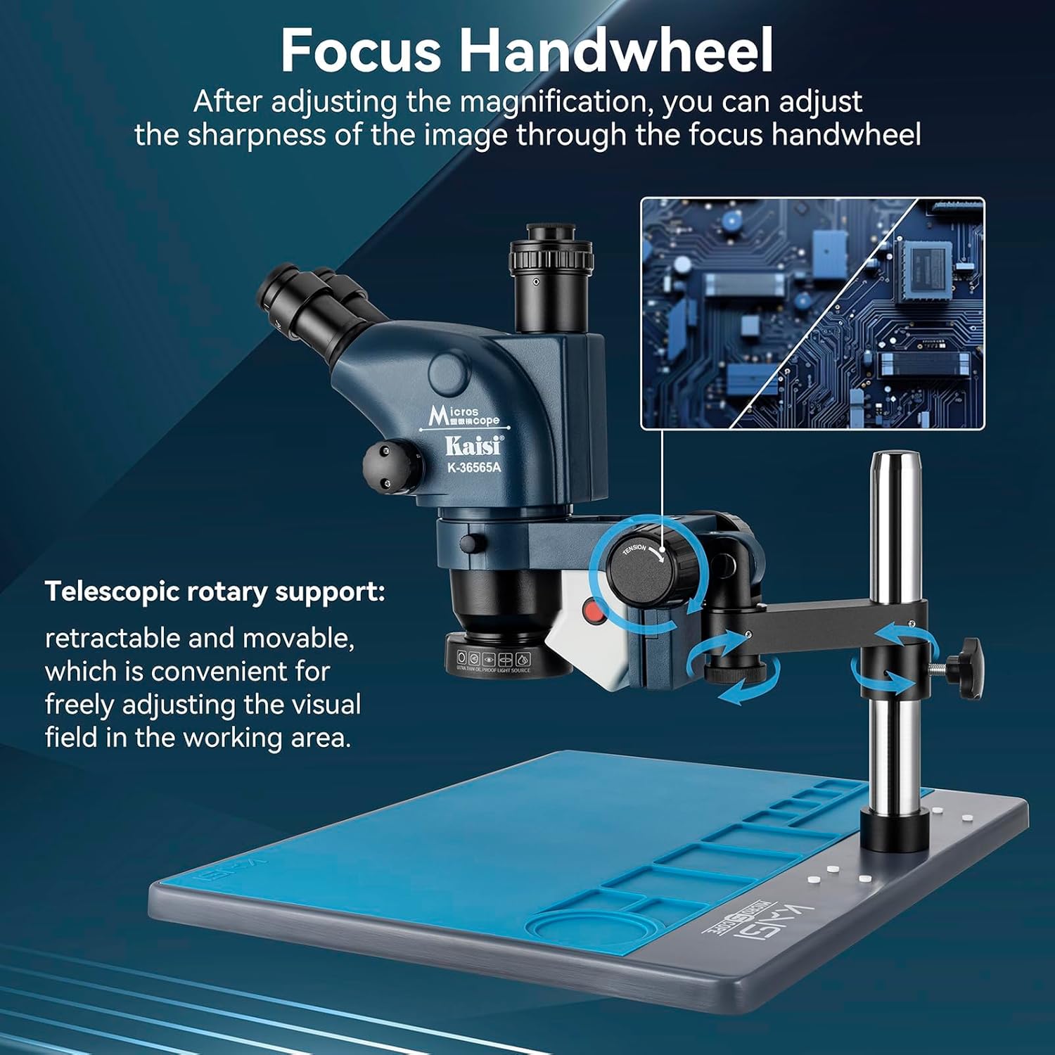 Kaisi Trinocular Stereo Microscope for Professional Repairer Soldering,6.5X-65X Magnification and Adjustable WF10x22 Eyepieces,Extra Large Silicone Working Table,Retractable Stand Zoom Microscope