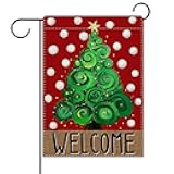 Dyrenson Welcome Christmas Tree Decorative Garden Flag, Red Xmas Snowball Farmhouse Yard Outside Home Decoration, Winter Holiday Rustic Burlap Outdoor Small Decor Double Sided 12 x 18