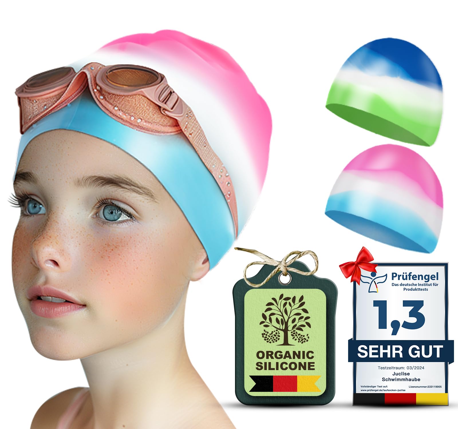 Juclise Silikon Badekappe Mädchen, Kinds und Jungen Wasserdicht für Lange und Kurze Haare UV Schutz, 1-2 Stück