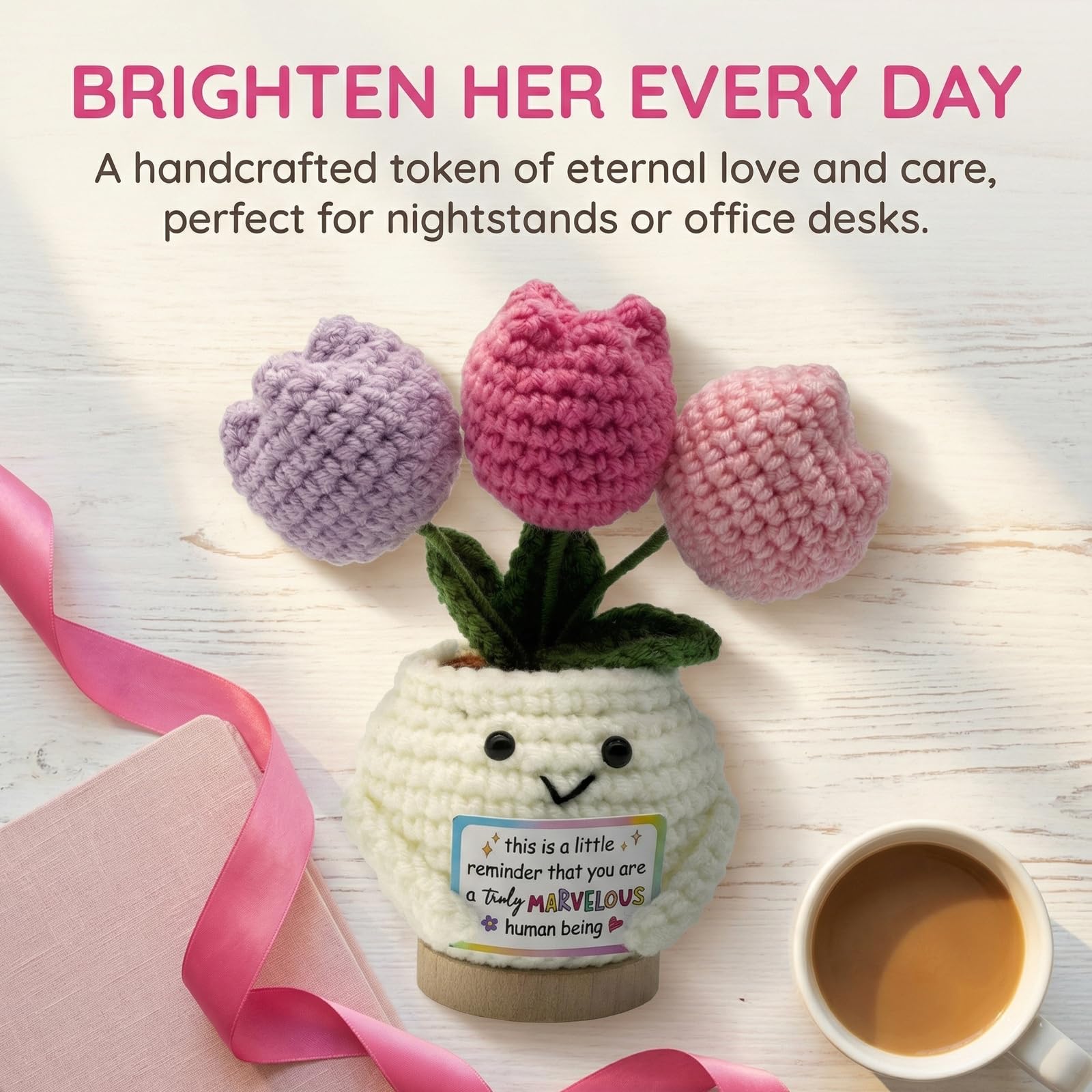 Handmade Crochet Tulip Doll, Positive Crochet Flowers, Perfect Teacher,Mothers Day, Birthday, Friendship Gifts for Women, Appreciation Gifts for Coworkers & Besties