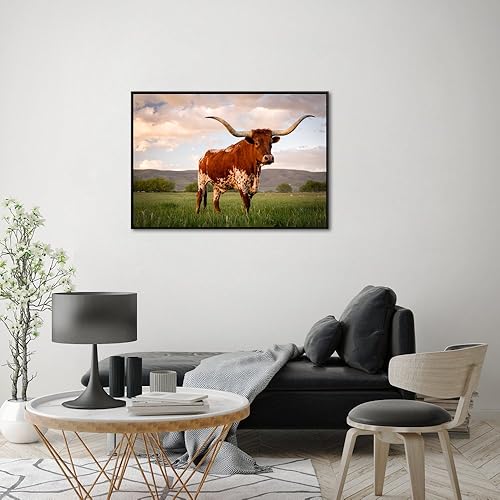 Miniatura 3 de Visual Art Decor Lienzo decorativo para pared, diseño de animales grandes, Texas Longhorn in Sunset Farm, pintura enmarcada y estirada para