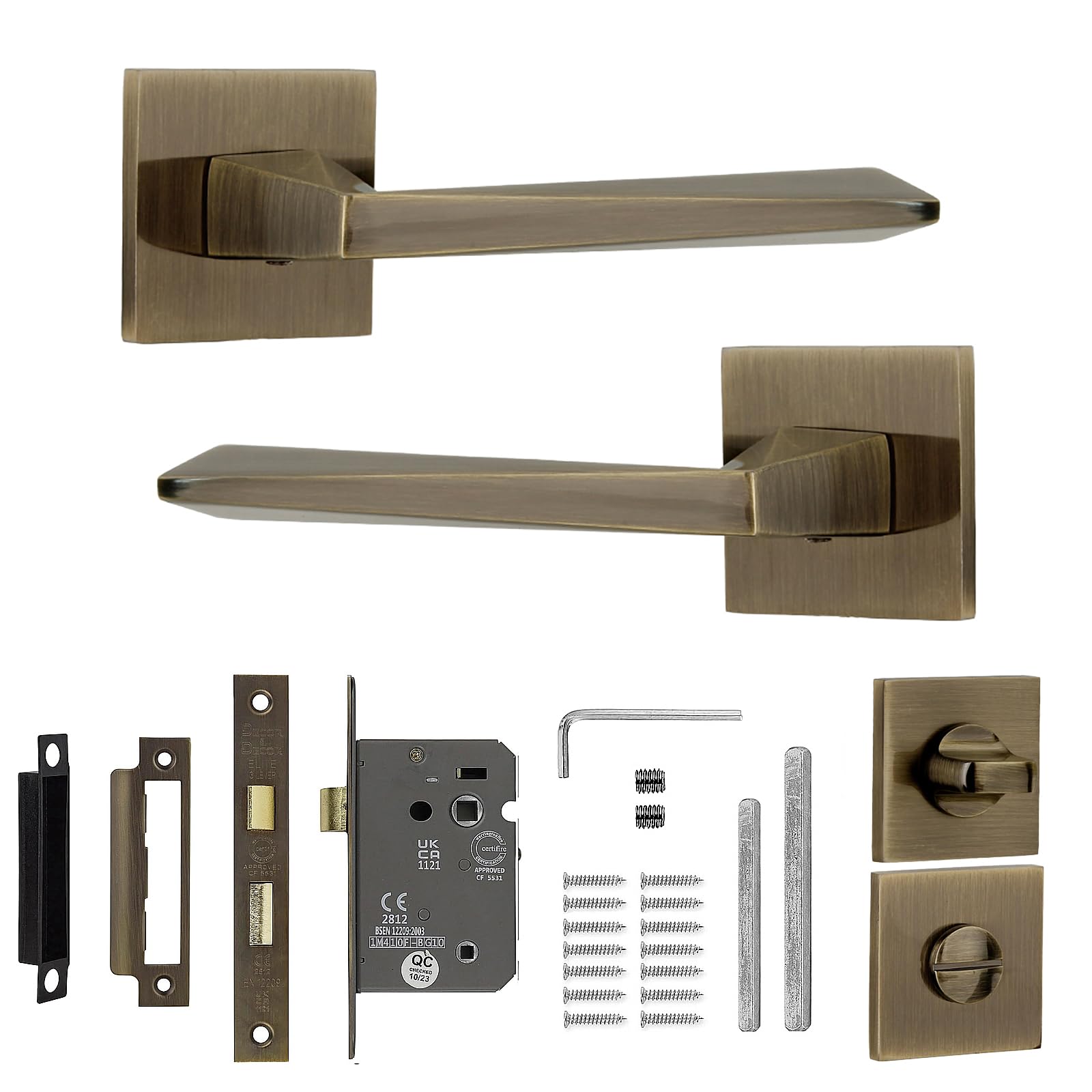 Decoranddecor Leda Antique Brass Internal Door Handles – Aluminium Handle Sets with Bathroom Door Lock and Turn Release – Elegant and Durable Design for Wooden Interior Doors in Homes and Offices