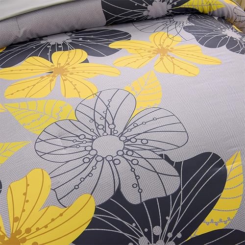 Miniatura 4 de Holawakaka Juego de edredón floral Queen de 6 piezas, cama en una bolsa, flores amarillas impresas en gris, juego de ropa de cama botánica de