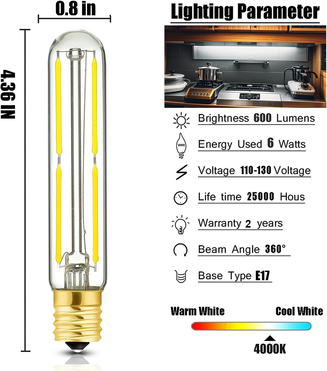 E17 LED Tubular Light Bulbs 6W,T20 Dimmable Led Light Bulbs 60 Watt,4000K Daylight,Led Tube Bulb for Refrigerator,Exit Sign Light,Freezer,600lm,6Pack.