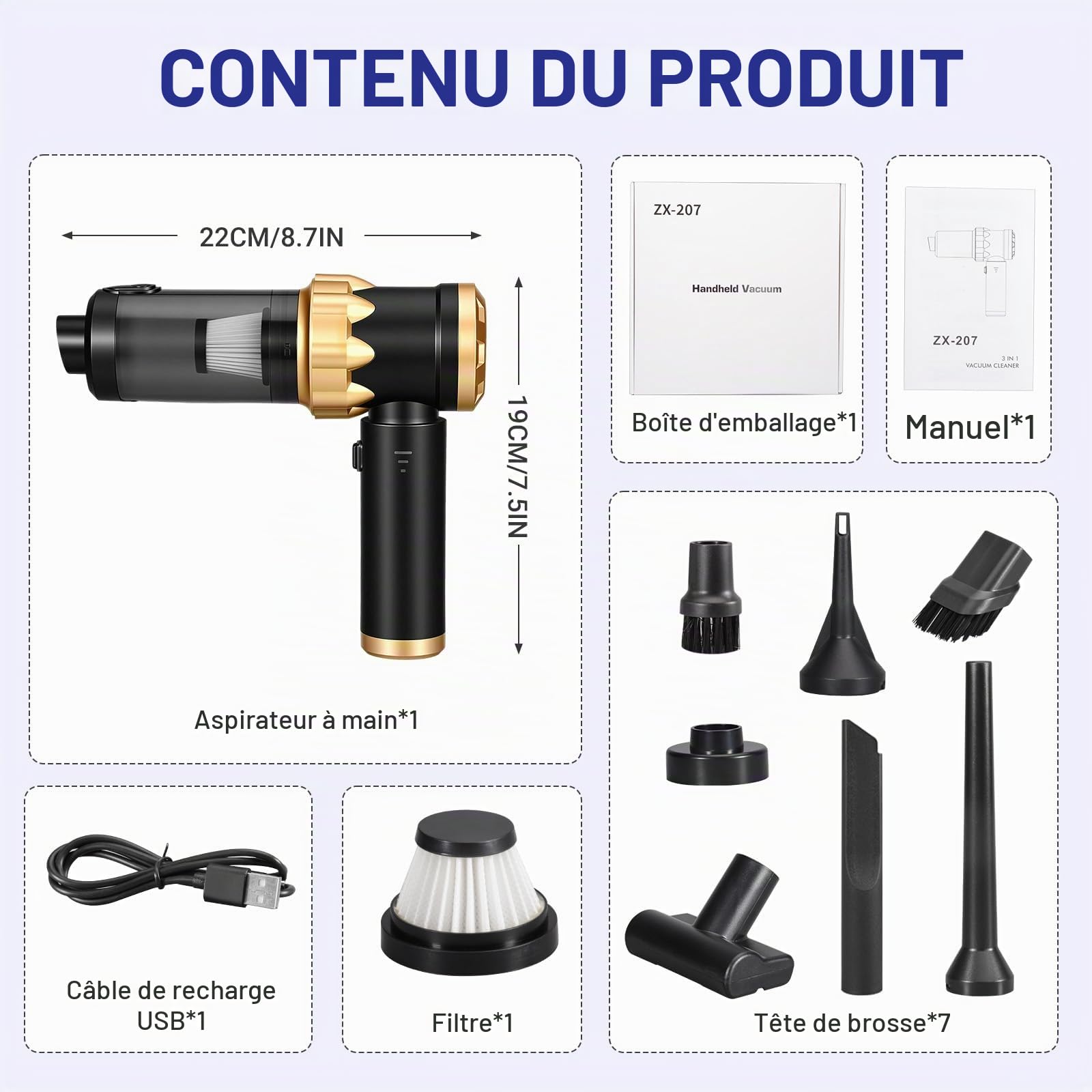 Aspirateur Voiture Table Voiture Puissant, Aspirateur a Main sans Fil, Mini Aspirateur à Main, 4 en 1 26000 PA, Convient pour Le Nettoyage de la Voiture et de la Maison, Or Noir