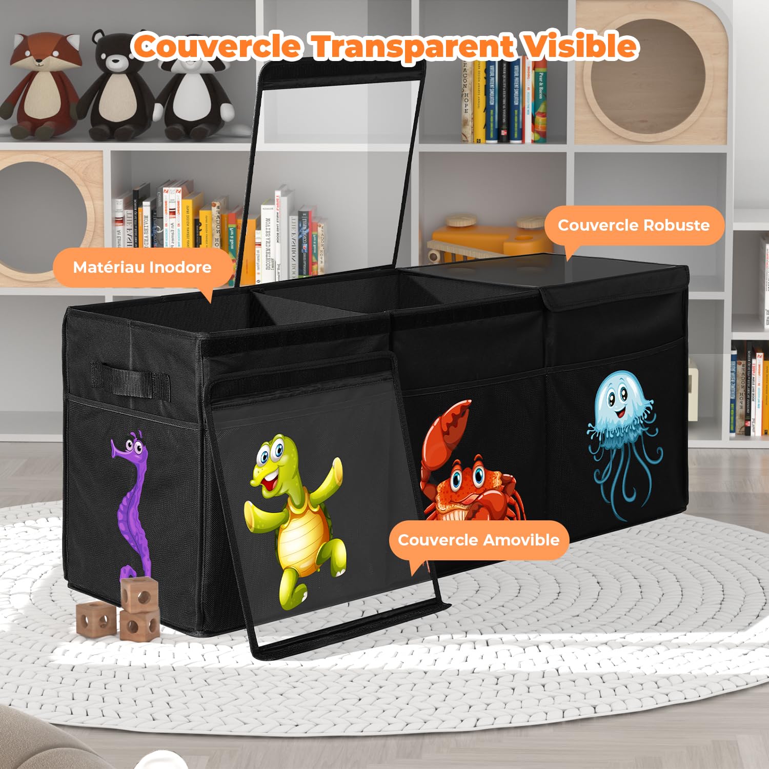 YOHOOLYO Coffres à Jouets Boîte de Rangement pour Enfant Pliable 123L 94 x 41 x 32 cm en Tissus 600D Oxford avec Couvercle Transparent Amovible pour Chambre d'enfant (Animaux Marins)