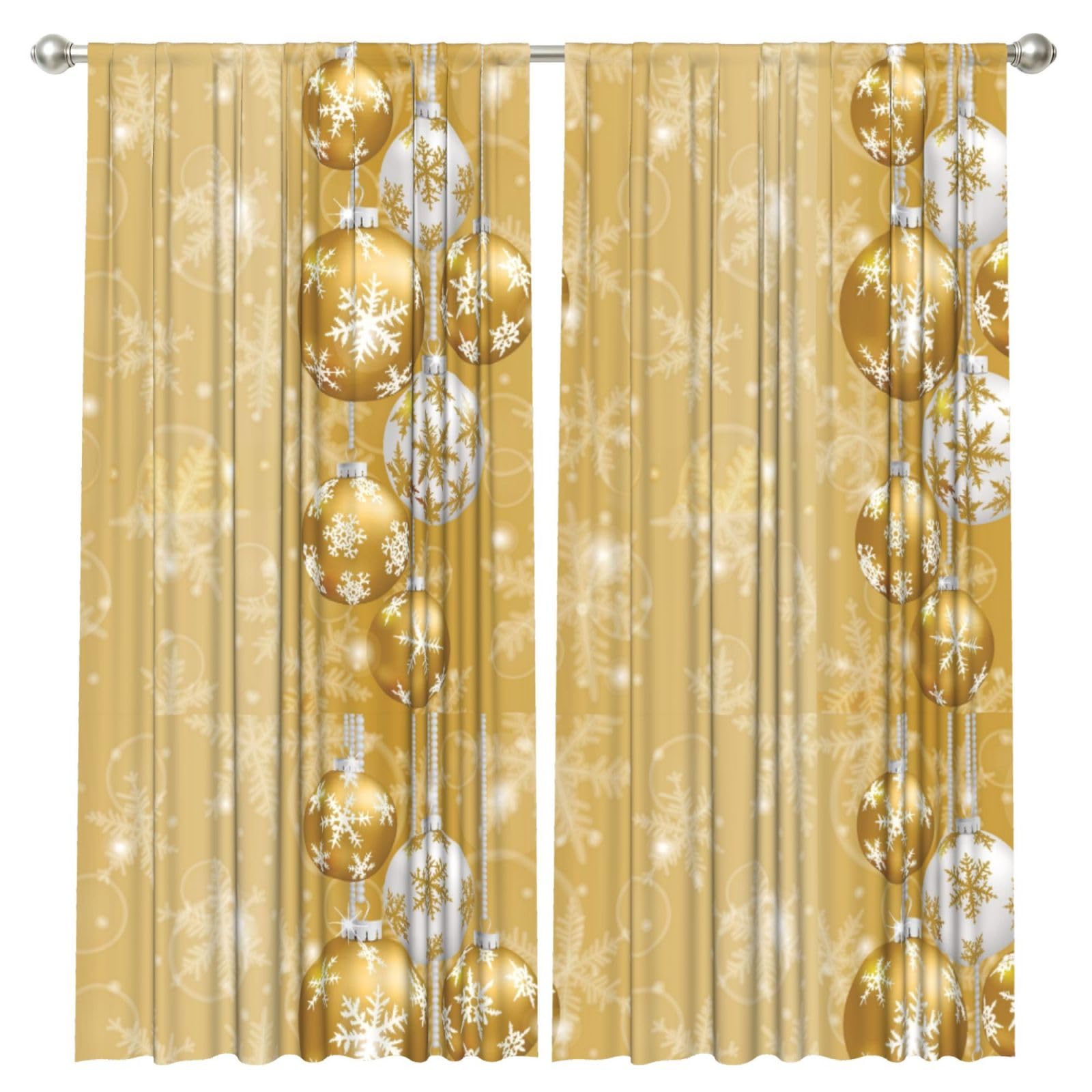 InOmak Gold Christmas Ball Snowflake Xmas, 2 Panels Window Curtains 52 x 84 Inch Blackout Curtains for Living Room Bedroom