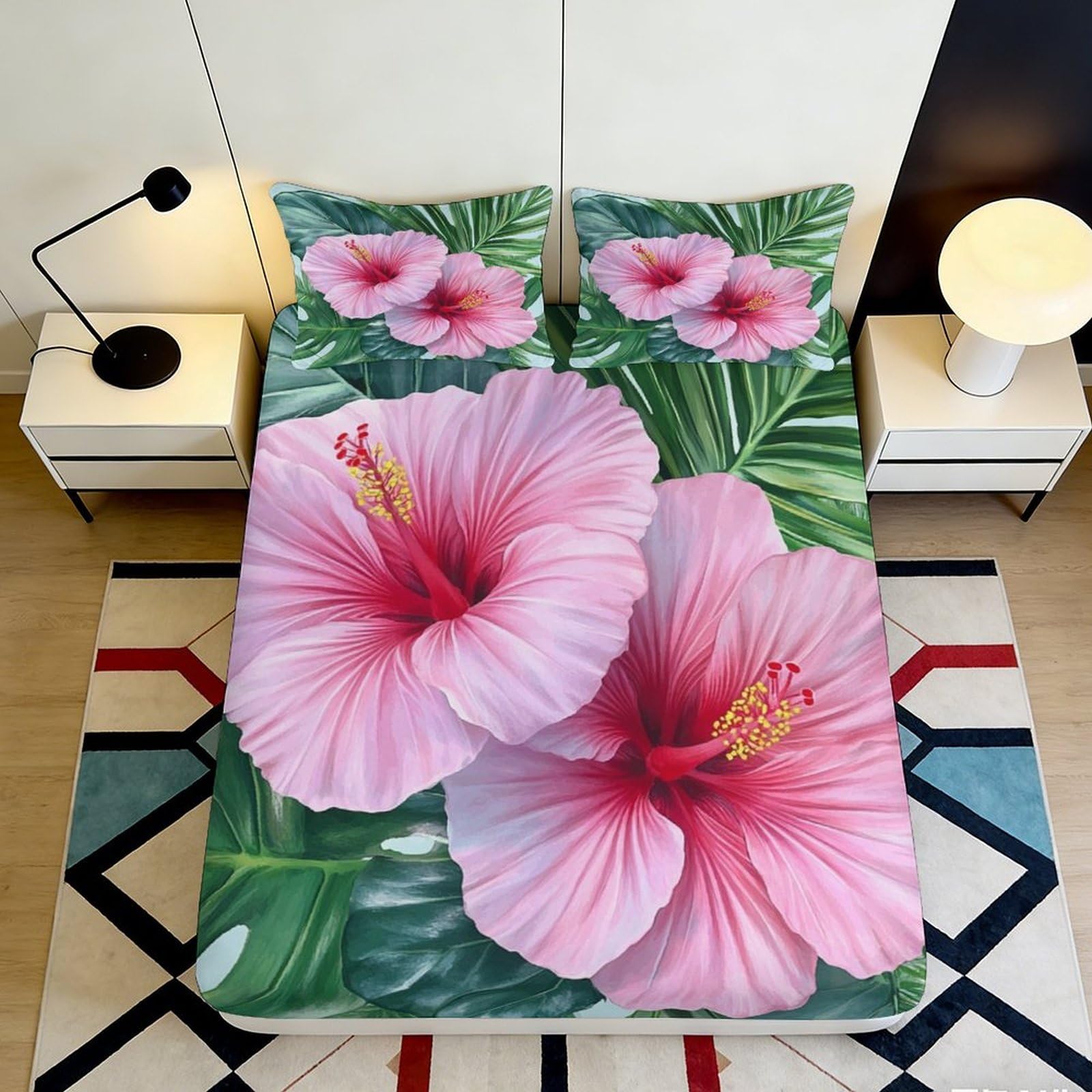 3D Printed Pink Hibiscus Flower Fitted Sheet Microfiber Soft Non-slip Tropical Leaf Bed Cover for Bedroom Dorm Decor 90x200x25cm