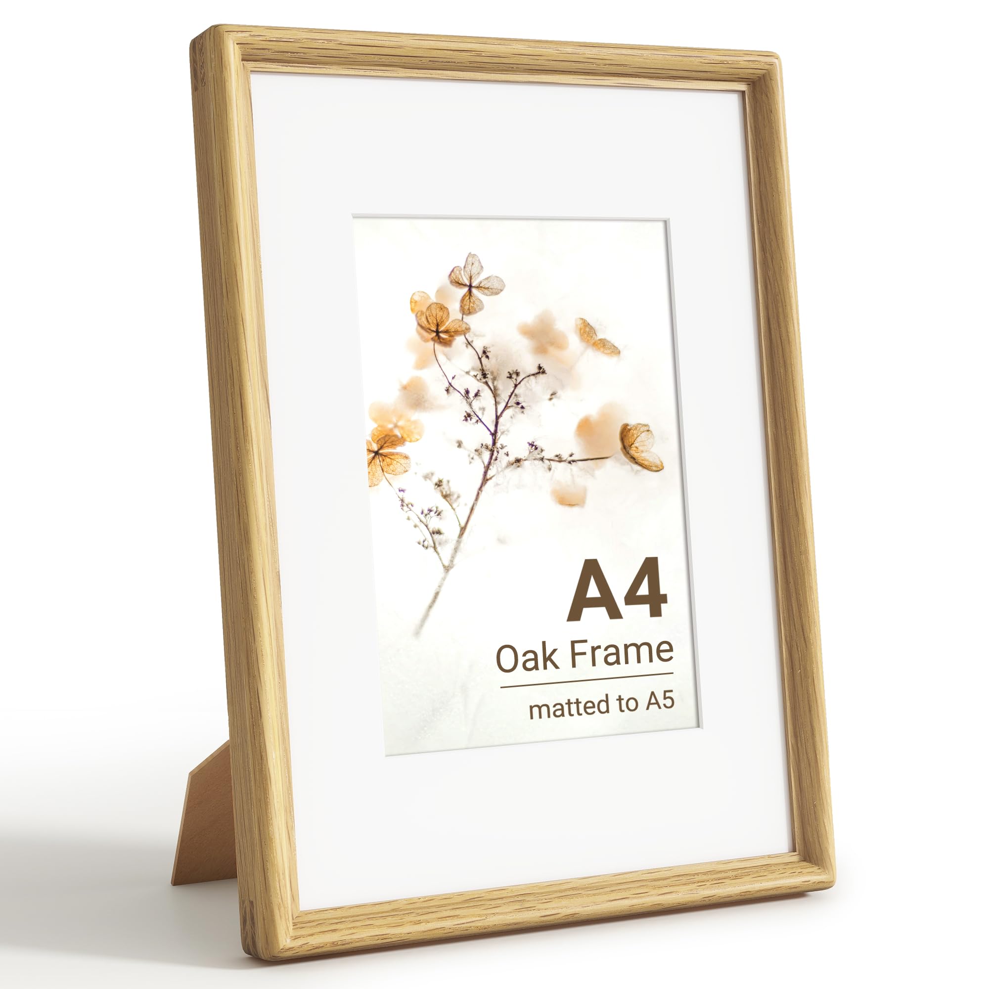 KovaScape A4 Photo Frame, Solid Oak Wood Picture Frame with HD Tempered Glass, Handcrafted Real Wood Frame with Mount for A5 Photo, Rounded Corner Design, Wall Hanging or Tabletop Display