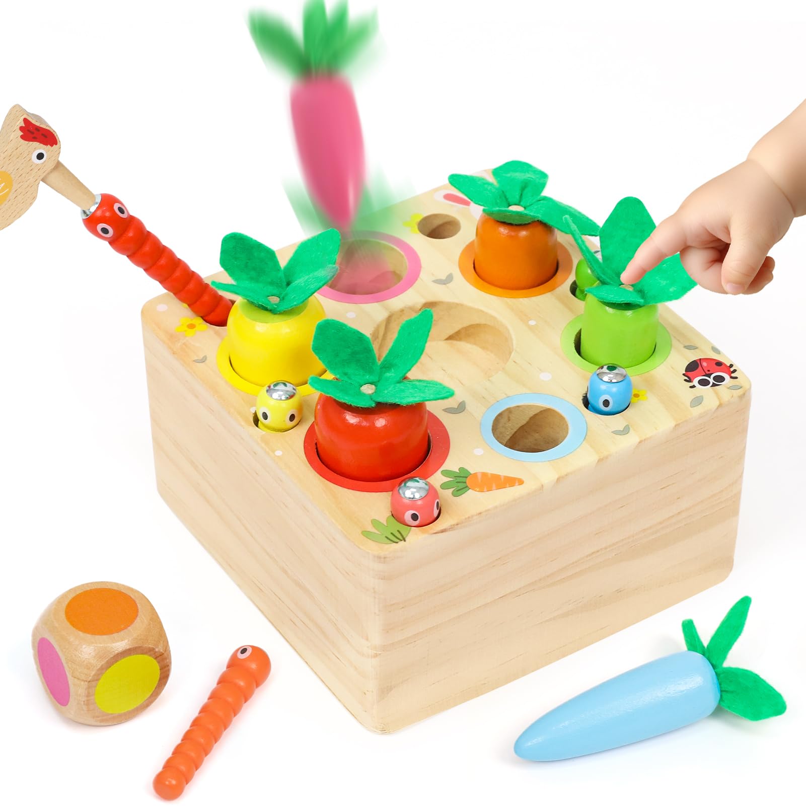 Baby Montessori Toys for 1 year old, Wooden Carrots Harvest Magnetic Sorting Pop Up Toys Baby Sensory Toy for 12 Months