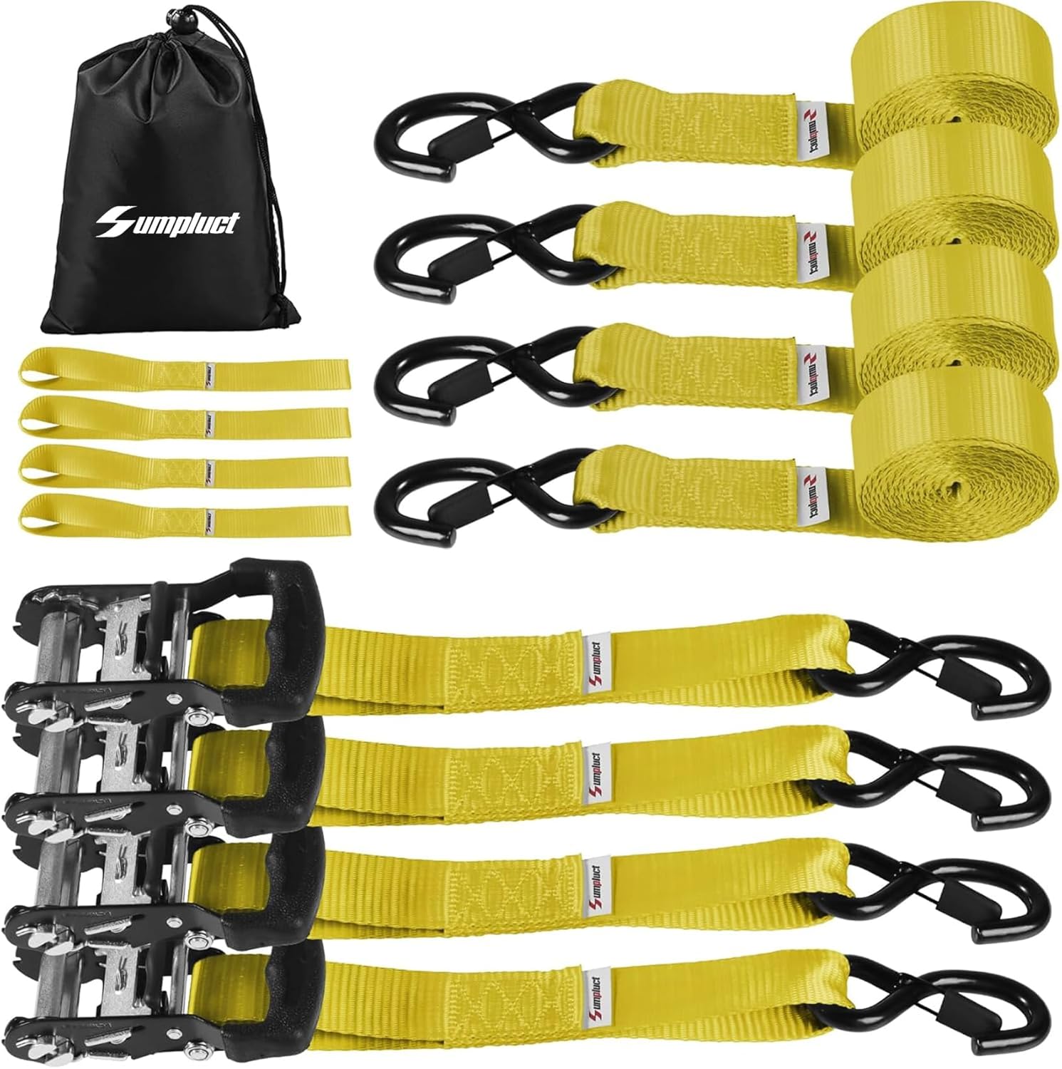 Ratchet Tie Down Straps Set Heavy Duty - 4 Pack 4400 LB Break Strength, 15 FT Tie Down Strap Ratchet with Safety Lock S Hook, 1.5 in Cargo Straps for Truck, Motorcycle, Moving, Trailer, ATV -Yellow