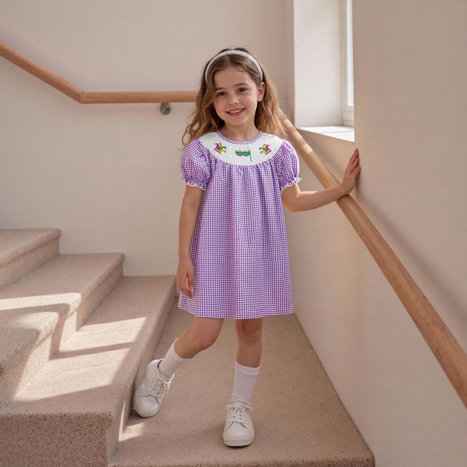 Toddler Girl Mardi Gras Dress Short Sleeve Ruffle Sundress Smocked Gingham Dresses Kid Infant Baby Parade Outfit - Image 2