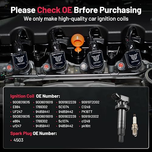 Vista 130 de BDFHYK Paquete de bobinas de encendido UF596 y bujías de iridio 93501 compatibles con Toyota Corolla 2009 2010 2011 2012 2013 Toyota Prius Matrix