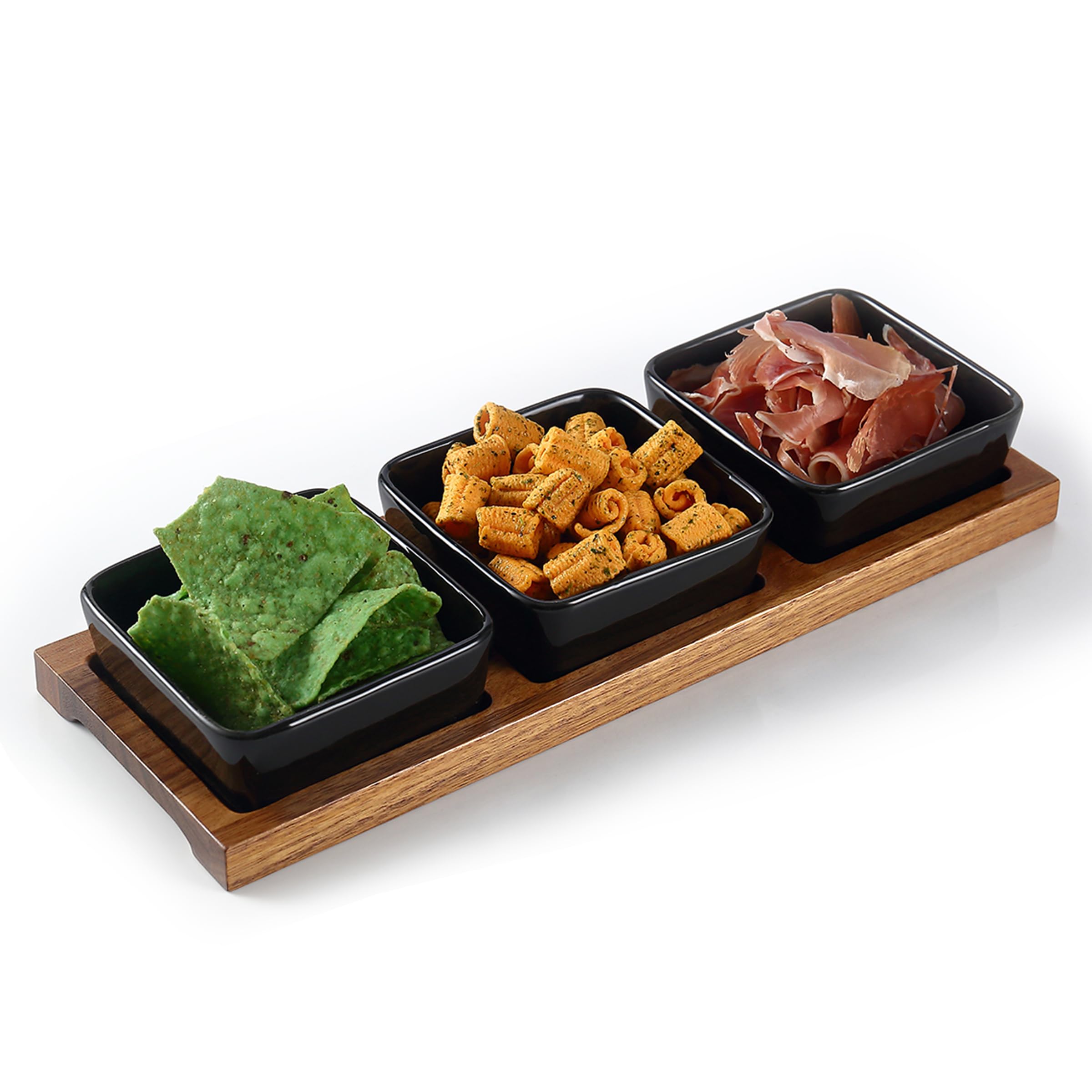 keramwerk 3 Pack Condiment Tray,Chip and Dip Bowl with Wooden Serving Tray,Perfect for Snacks,Appetizers,Charcuterie,Chips,Sauce,Soy,BBQ,Candy,11.8-inch Chip and Dip Serving Set for Parties