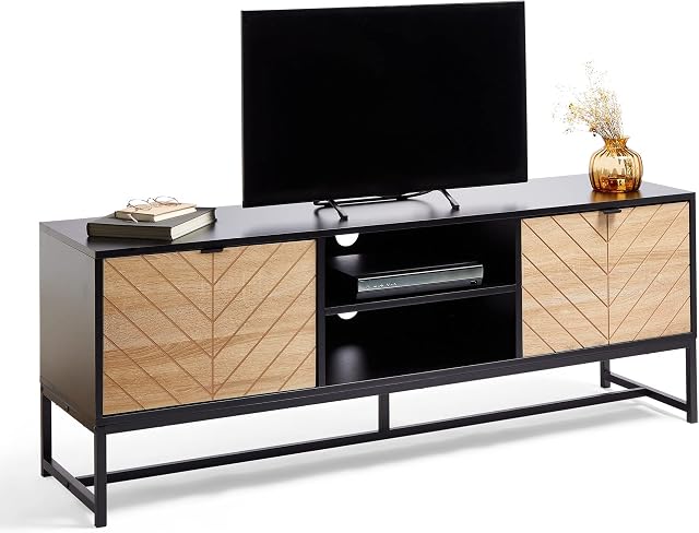 VonHaus Chevron TV Unit - Black TV Cabinet w/Light Wood Effect - For TV's up to 65" - Industrial Entertainment Unit w/Storage Cupboards & Shelving - 50kg Weight Capacity - For Living Room - Dalton
