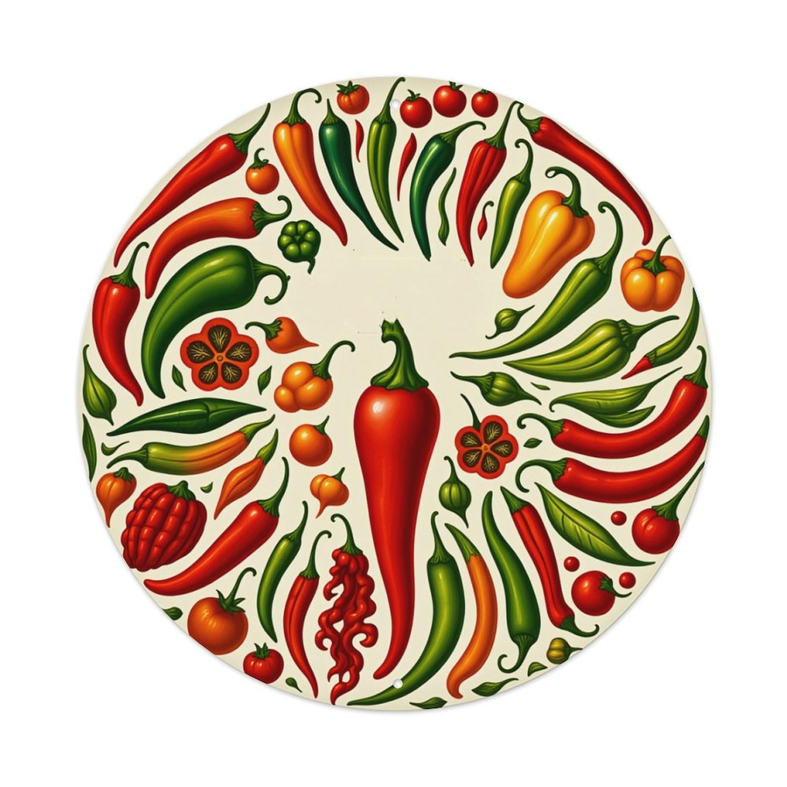 Colorful Chili Pepper Arrangement Pattern Round Tin Sign Vintage Metal Poster Retro Bar, Home, Man Cave, Kitchen, Laundry Room Wall Art Decor Gift 8x8Inch
