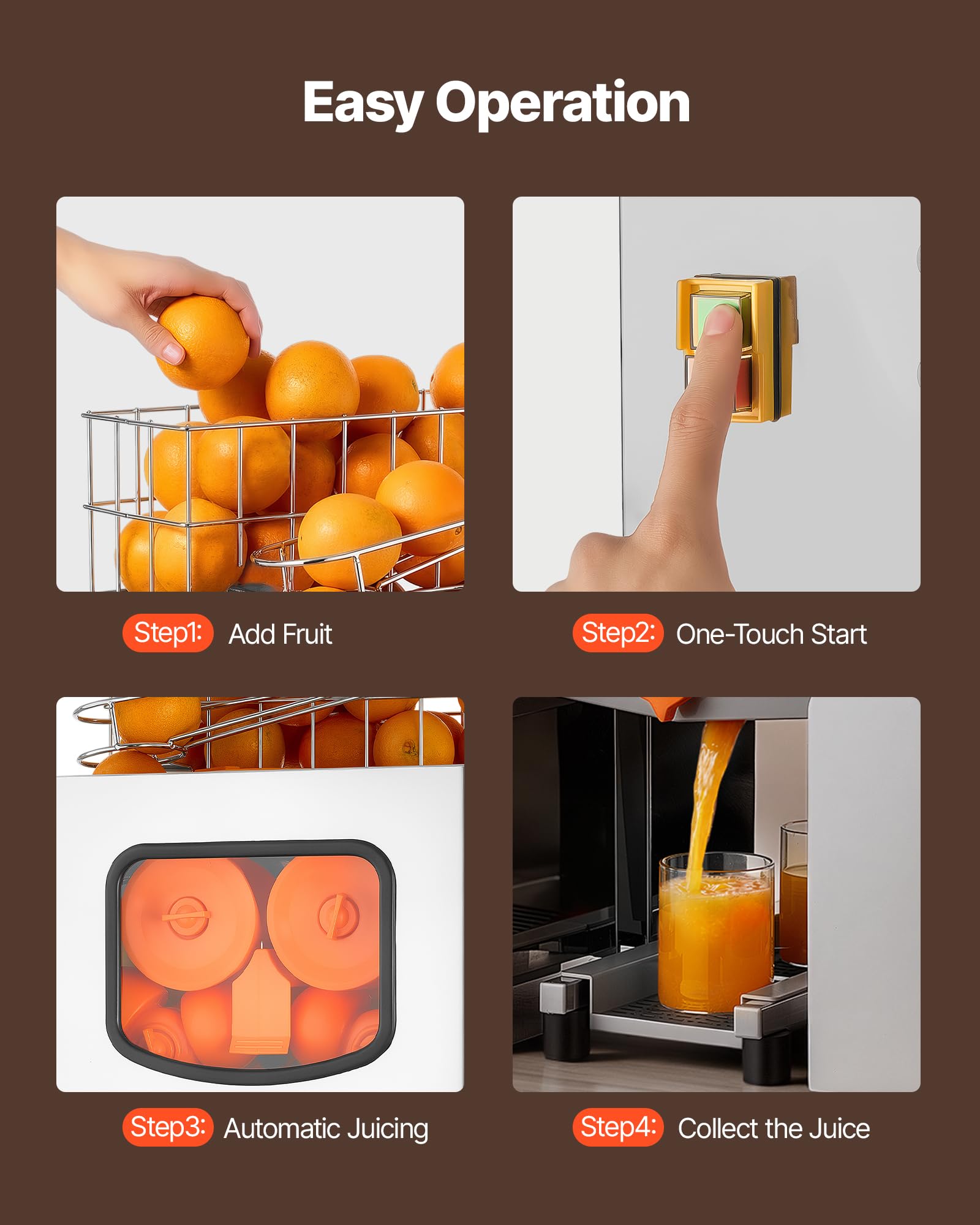 VEVOR Exprimidora de Naranjas Comercial 120 W Tapa de Acero Inoxidable, Eléctrica, Con 2 Recipientes Recolectores, Capacidad para Hasta 20 Naranjas por Minuto, Para Limones y Cítricos de 55-80 mm