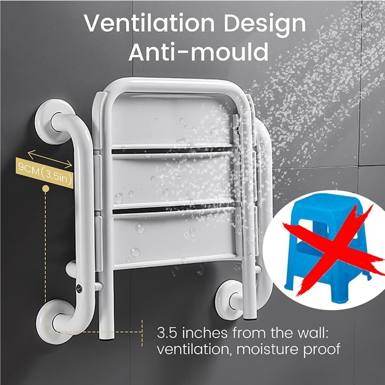 Silla Ducha Plegable para Montaje En Pared,Asiento Ducha Plegable Pared Montada con Reposabrazos,Silla Abatible Ducha Montado En La Pared,Silla Plegable Cuarto Baño para Discapacitado 150 Kg