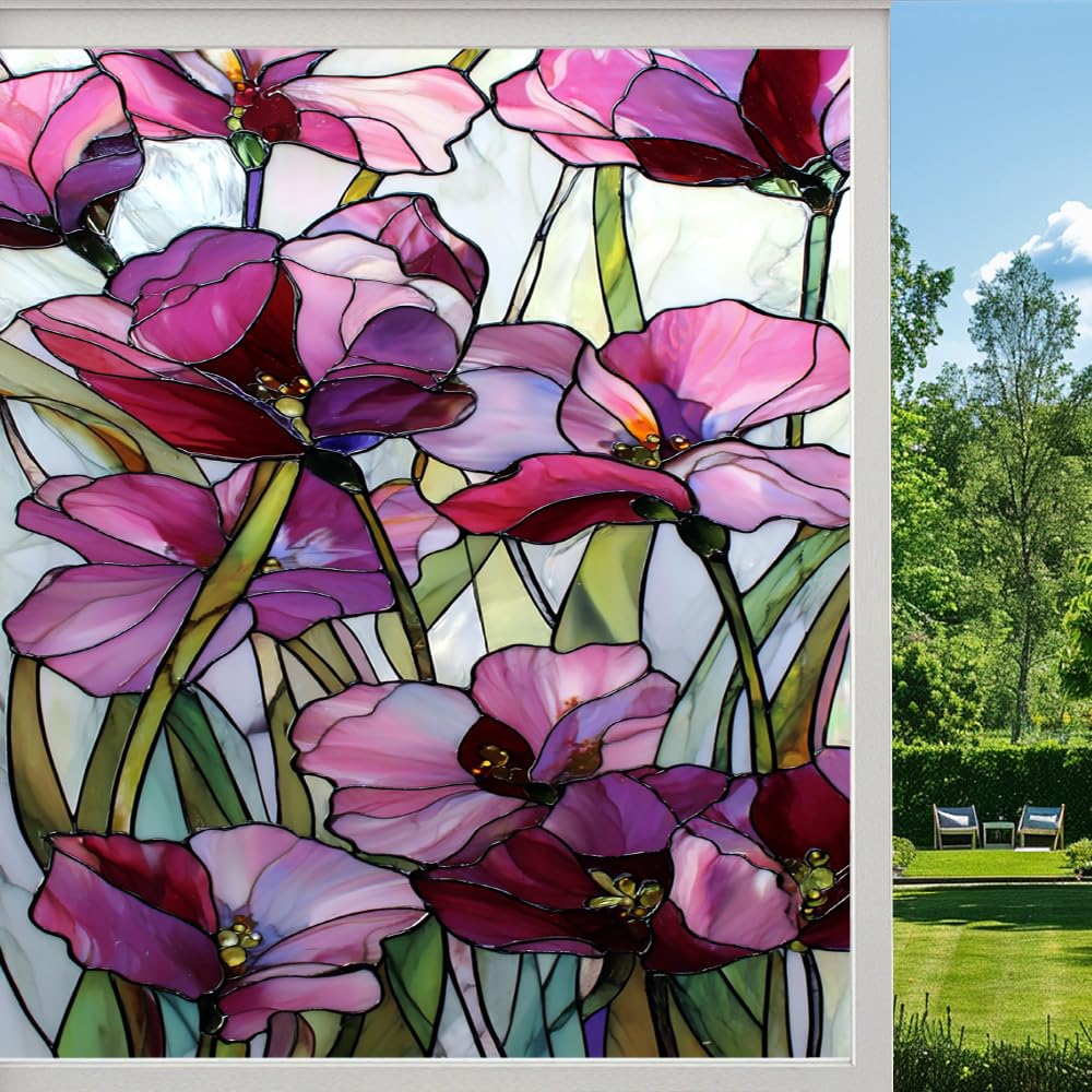 Dreamy Garden Frosted Window Film, Natural Iris Flowers Rustic Stained Glass Privacy Film, Heat Insulation Self-Adhesive Vinyl for Bathroom Office, （50x90cm）