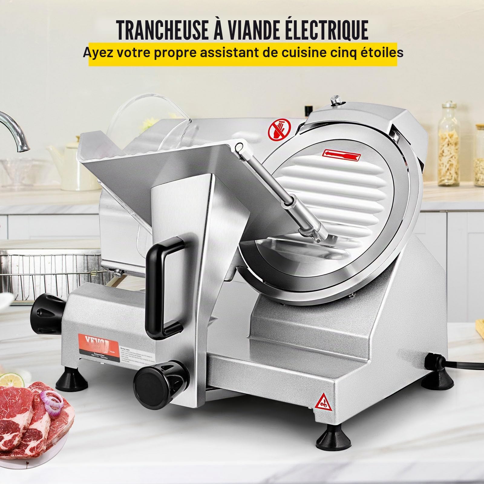VEVOR Trancheuse Électrique 1200 tr/min Trancheuse à Jambon 48 x 43 x 35 cm Trancheuse à Viande 0-12 mm Bouton de Réglage d'Épaisseur Domestique et Commercial Parfait pour Trancher Divers Aliments