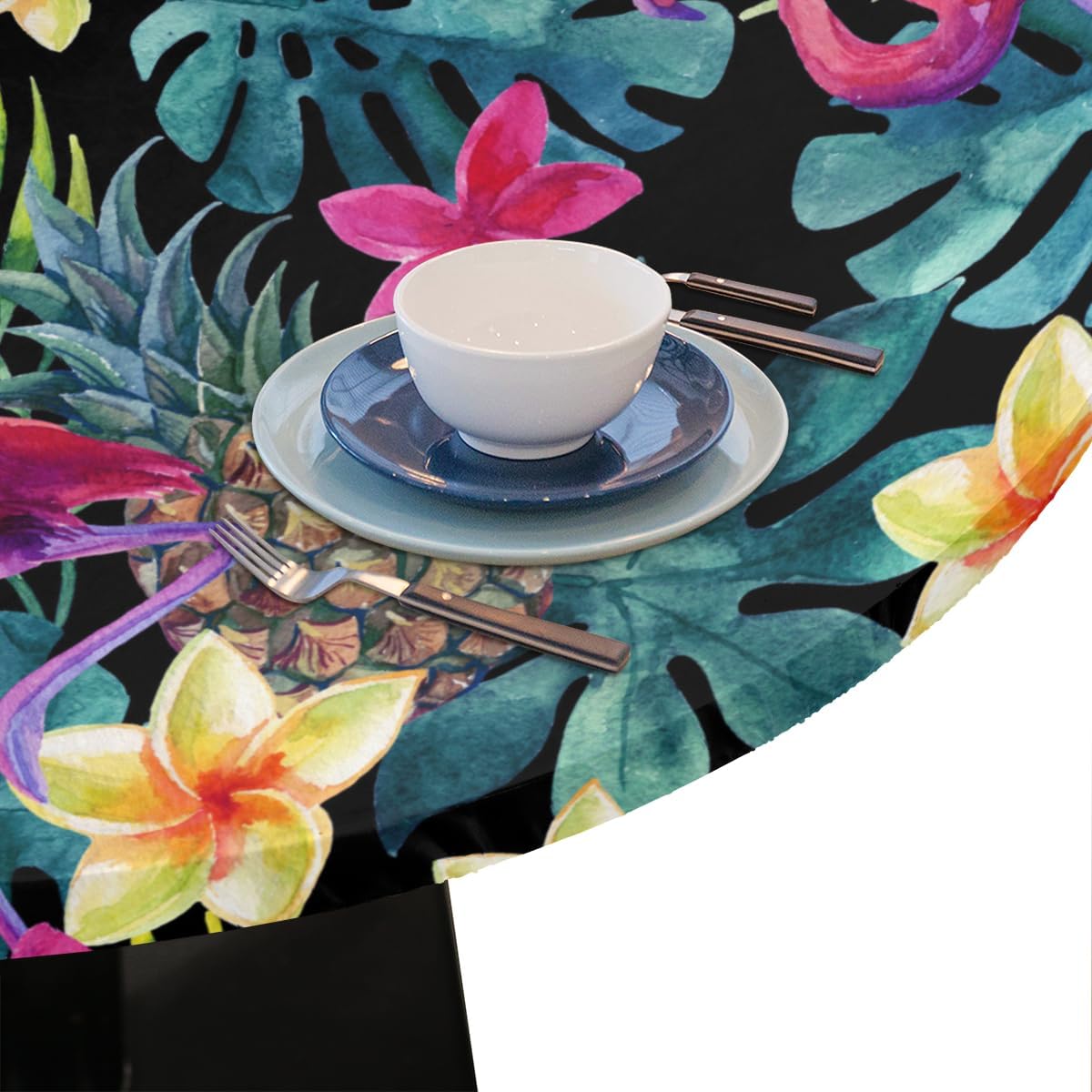 Flamingo Round Tablecloth with Elastic Edge, Summer Pineapple Washable Wipeable Tablecloth, Palm Leaves Polyester Table Cover for Kitchen Dining Party Wedding Holiday Fits Round Table 45-50 in
