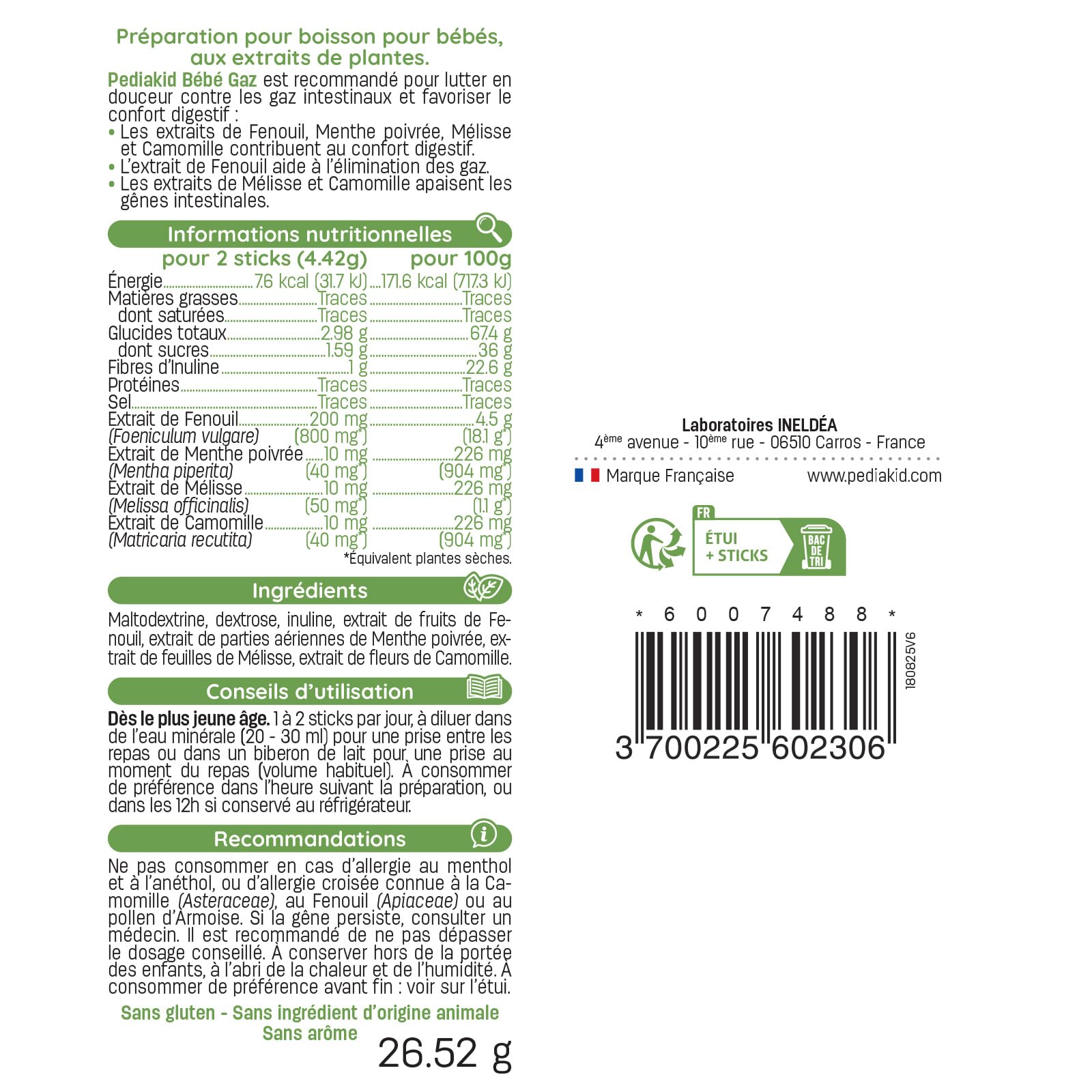 PEDIAKID - Bébé Gaz - Aux extraits de plantes & fibres - Aide à réduire les gaz et à améliorer le confort digestif - Dès la naissance - Format sticks de poudre à diluer facile à utiliser - Lot de 3