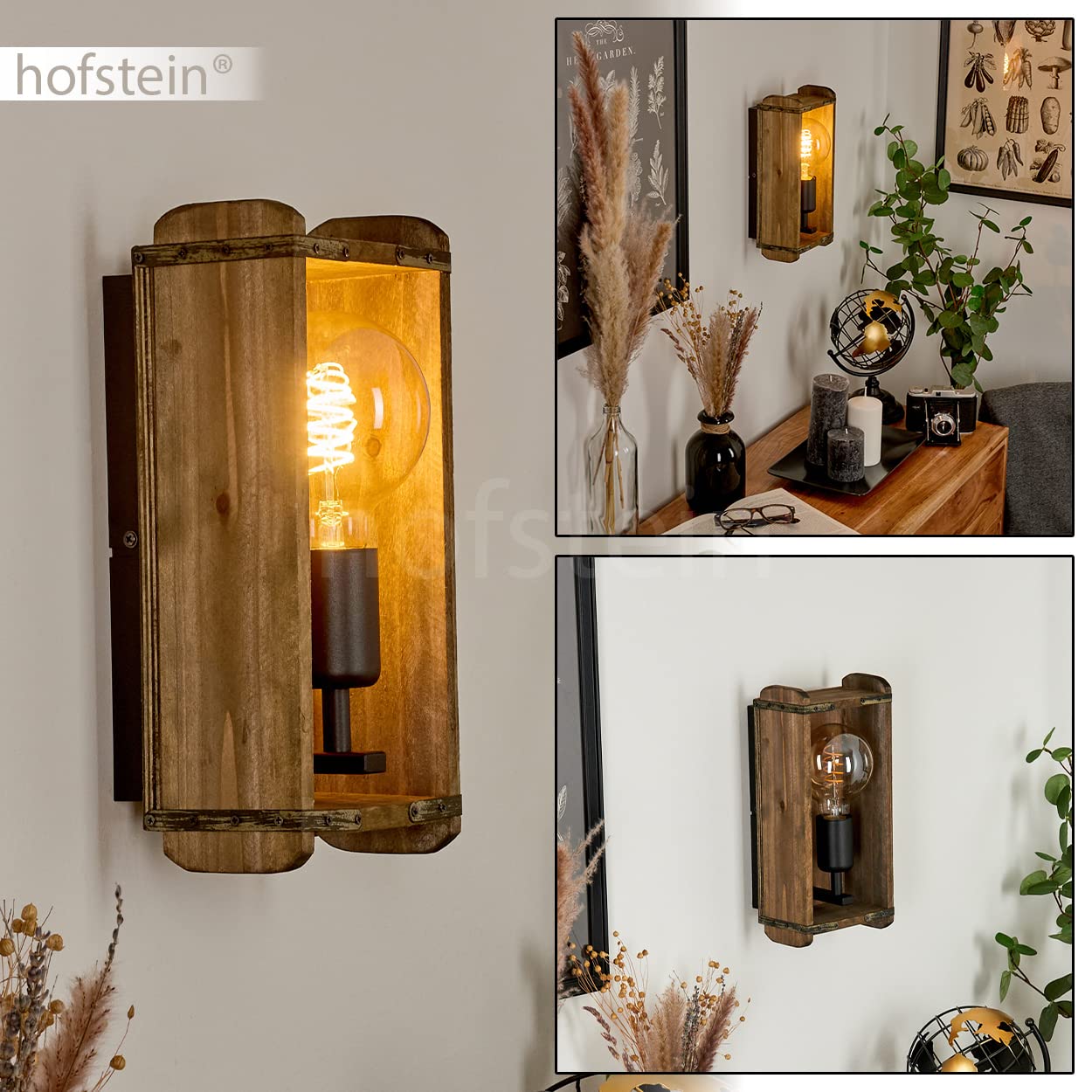 Wandleuchte Avestruz, Vintage Wandlampe aus Metall/Holz in Schwarz/Natur, 1-flammig, 1x E27, Wandspot im angesagten Retro Design aus Echtholz, ohne Leuchtmittel