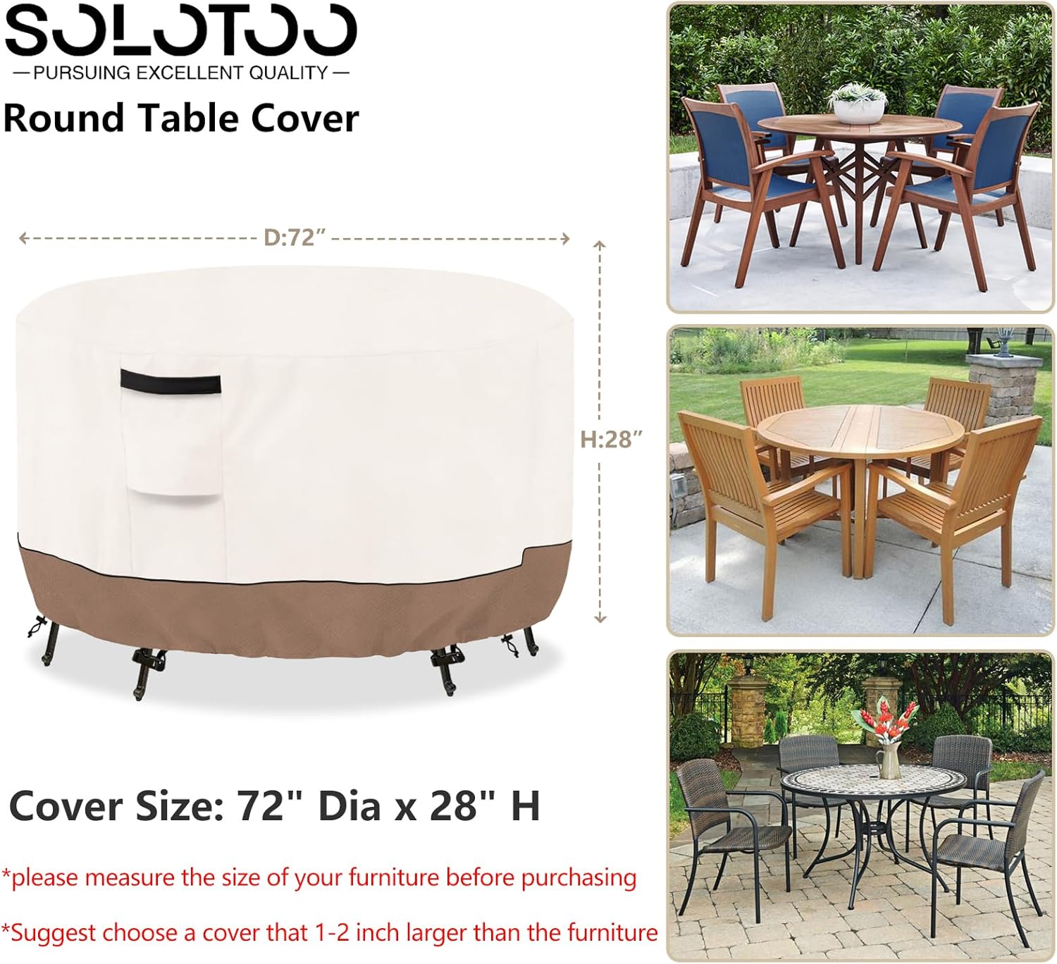 Round Outdoor Table Cover Waterproof Heavy Duty Patio Furniture Covers, Round Patio Table Chair Set Covers - 72" Dia x 28" H (Beige & Brown)