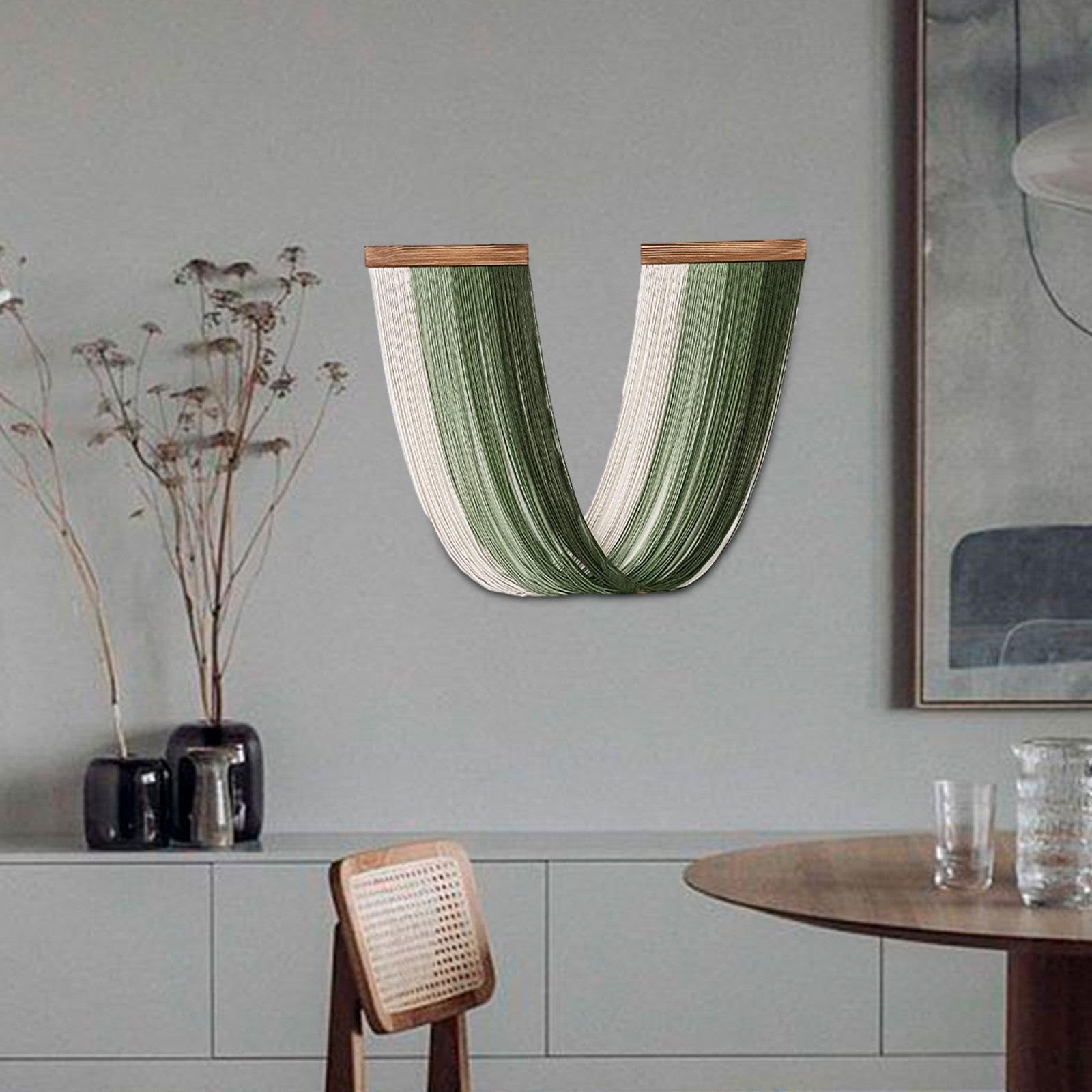 Tapiz Colgante de Macramé Tejido Artesanal Decoración de Pared Bohemia Elegante Diseño Moderno Creativo con Algodón Y Madera Adecuado para Dormitorio, Verde, Individual