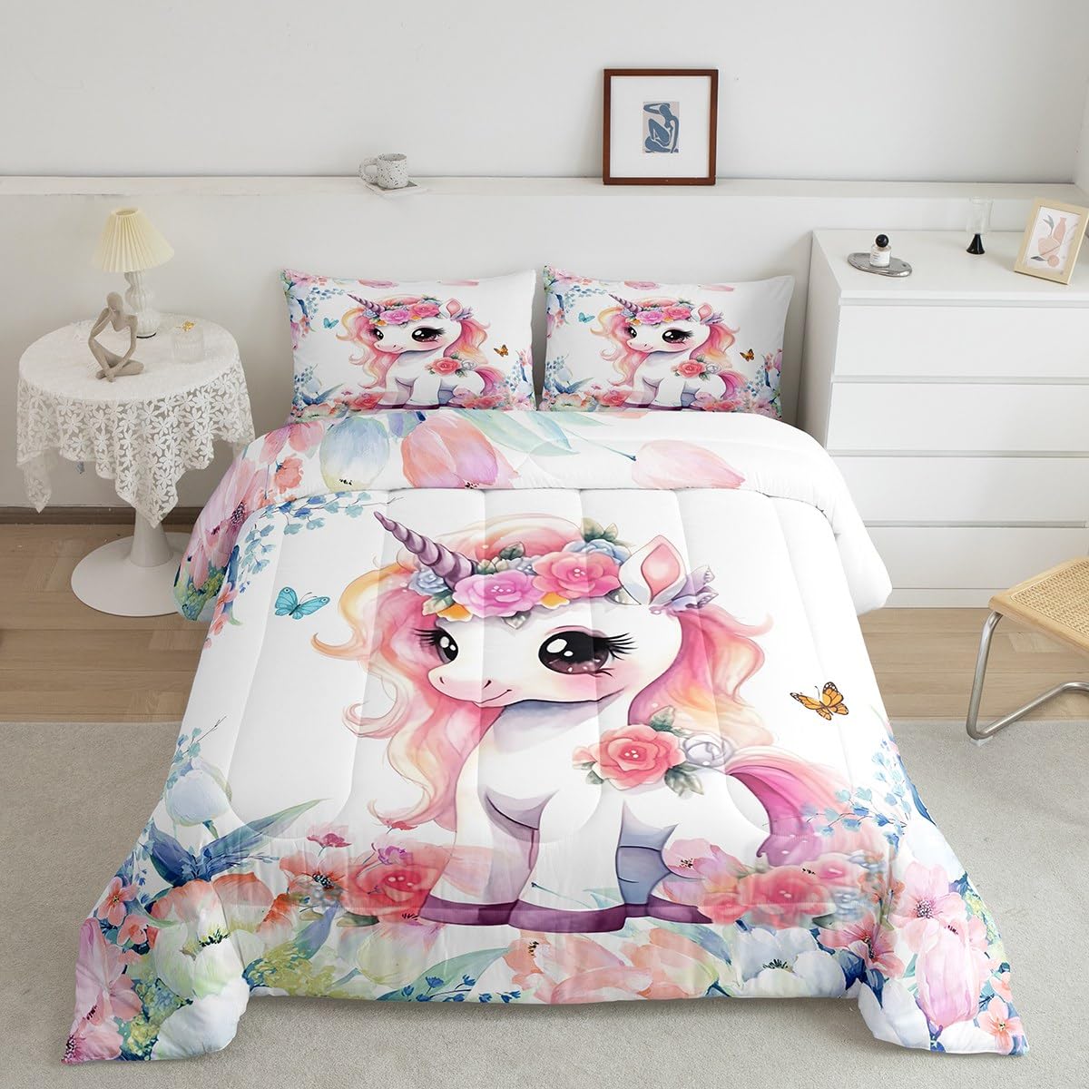 Feelyou Cute Unicorn Comforter Set Twin Size Kids Cartoon Dreamy Horse Comforter for Boys Girls Teens Flower Floral Print Bedding Set Farm Zoo Garden